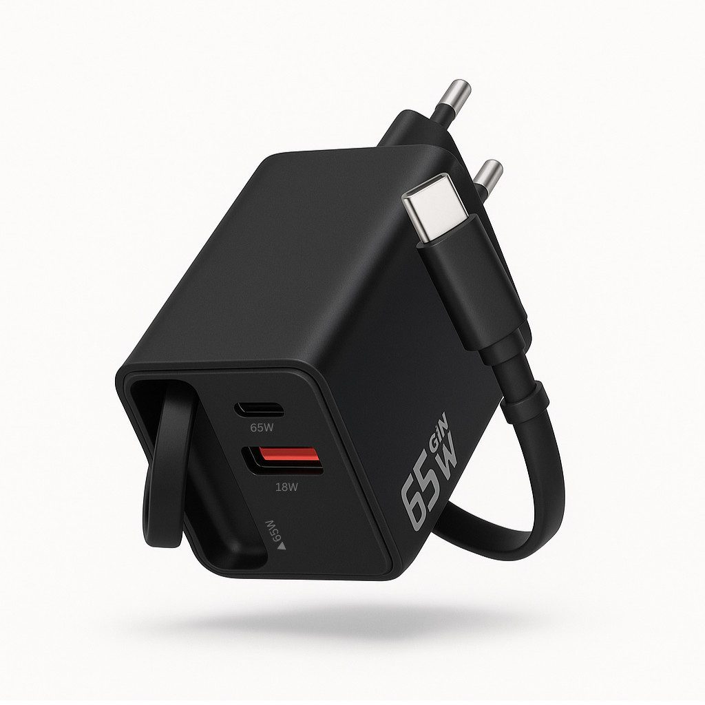 Alpha Electronics 65W GaN 3-Port USB C Ladegerät mit Einziehbarem Schnellladekabel Universal-Ladegerät (3250 mA, Spar-Set, 1-tlg., Kompaktes Reise-Netzteil für Smartphone, Tablet & Laptop Schwarz Weiß, 3-in-1 Schnellladegerät, PD Fast Charger mit USB-C &
