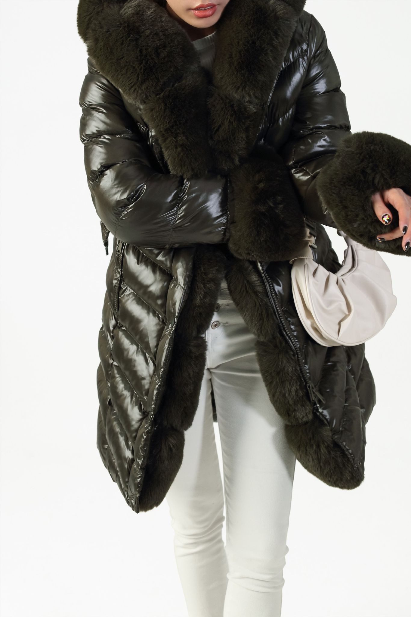 Copperose Steppjacke Winterjacke Parka 7560 Leder-Look mit Reißverschluss und flauschigem Schalkragen Kunstfell