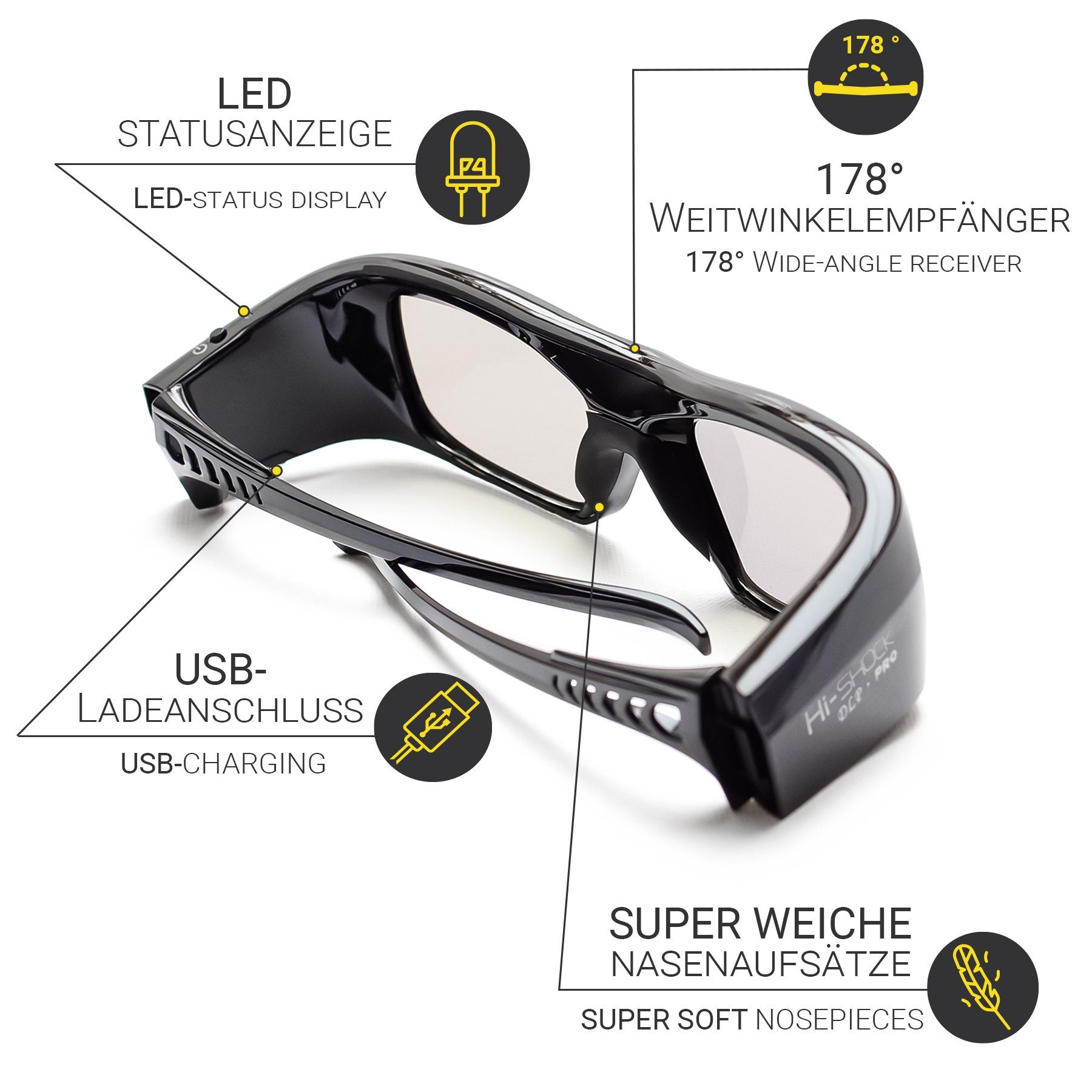 Hi-SHOCK 3D-Brille 7G Black Diamond DLP Pro, kompatibel mit DLP 3D Beamer  von Acer, BenQ, Viewsonic, Optoma, LG
