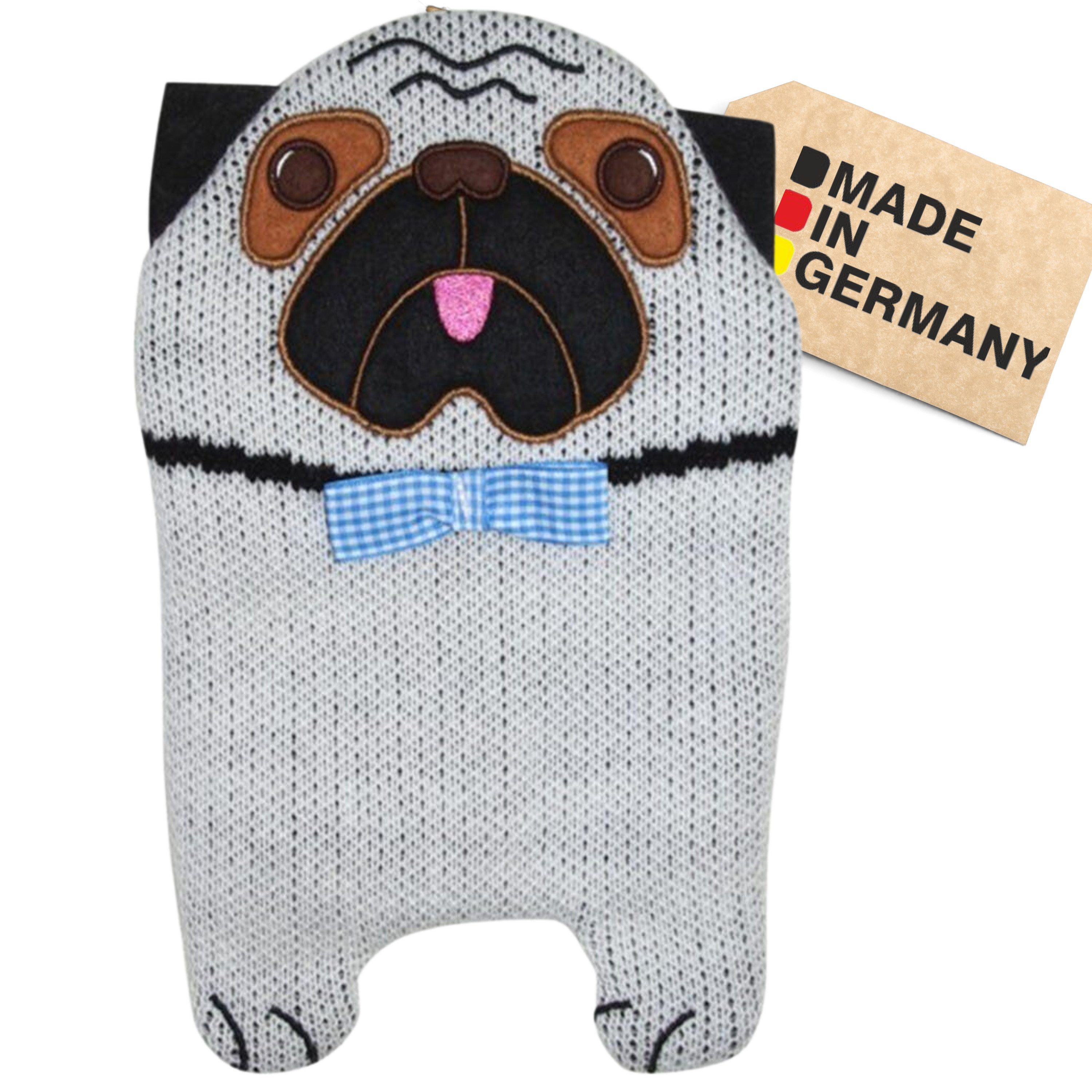 Hugo Frosch Wärmflasche Öko Junior 0,8 l formstabil Made in Germany mit Tierbezug, Strick Mops Beige - langlebige Bettflasche, waschbarer Überzug