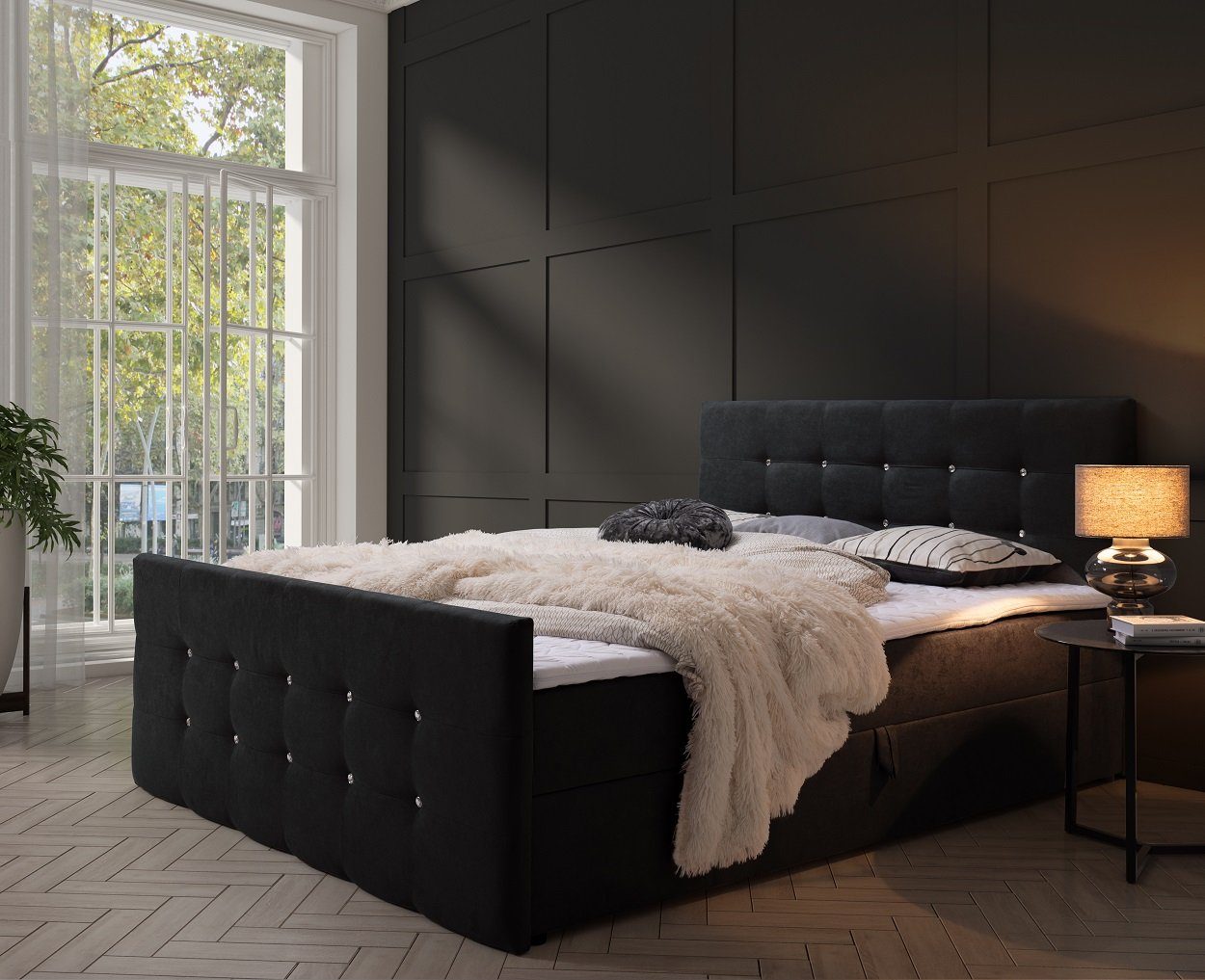 in 100 Bettkästen 140x200 Stoff Cosmic cm Boxspringbett 200x200 inkl. (Polsterbett Bettkästen), mit H3, Topper Topper Komplettbett Deine 24 Schwarz mit und inkl. Ehebett CARMEN 160x200 180x200 Bonnelfederkern-Matratzen Schlafzimmerbett Möbel