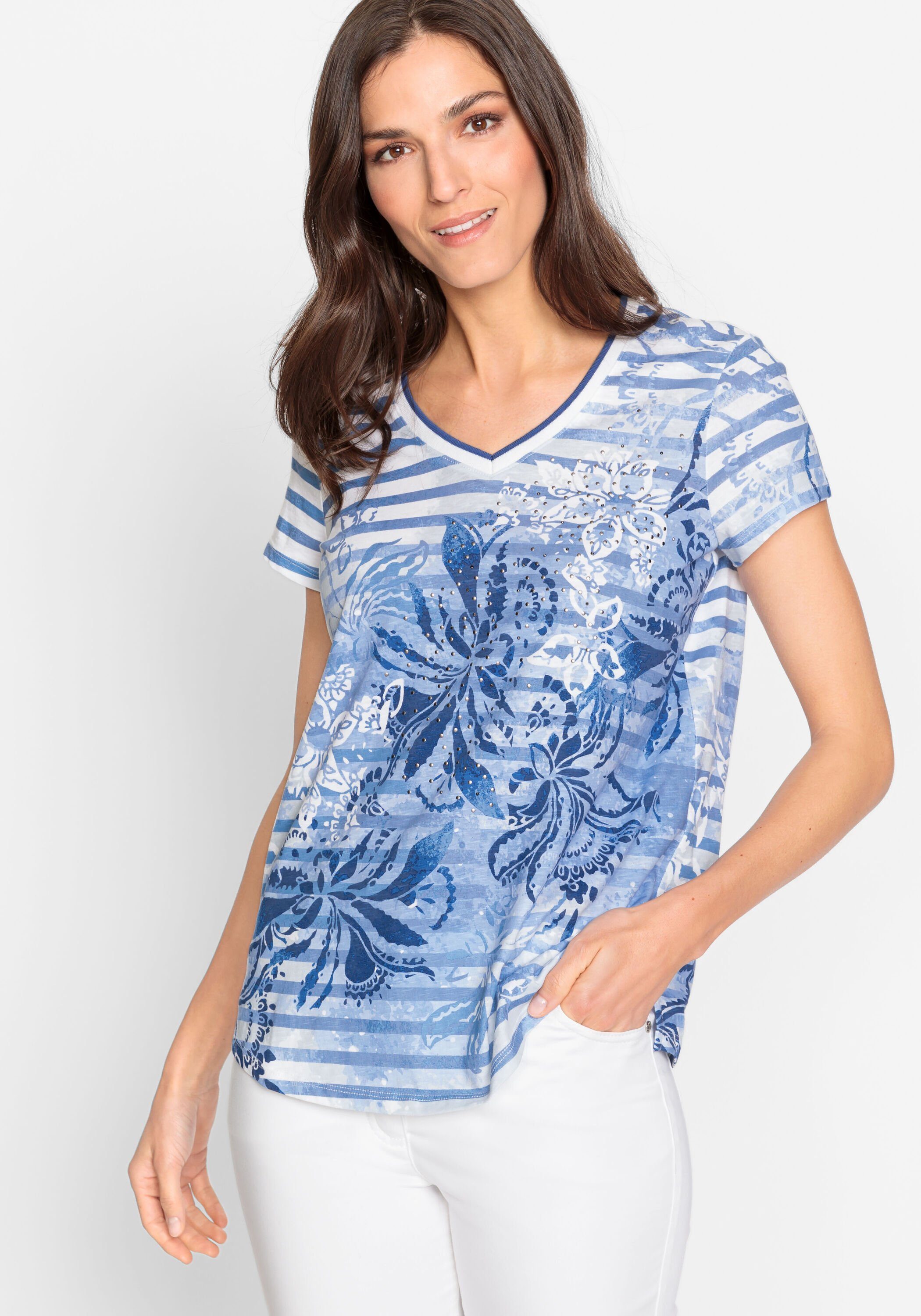 Olsen Print-Shirt mit phantasievollen Printmix und Dekosteinchen