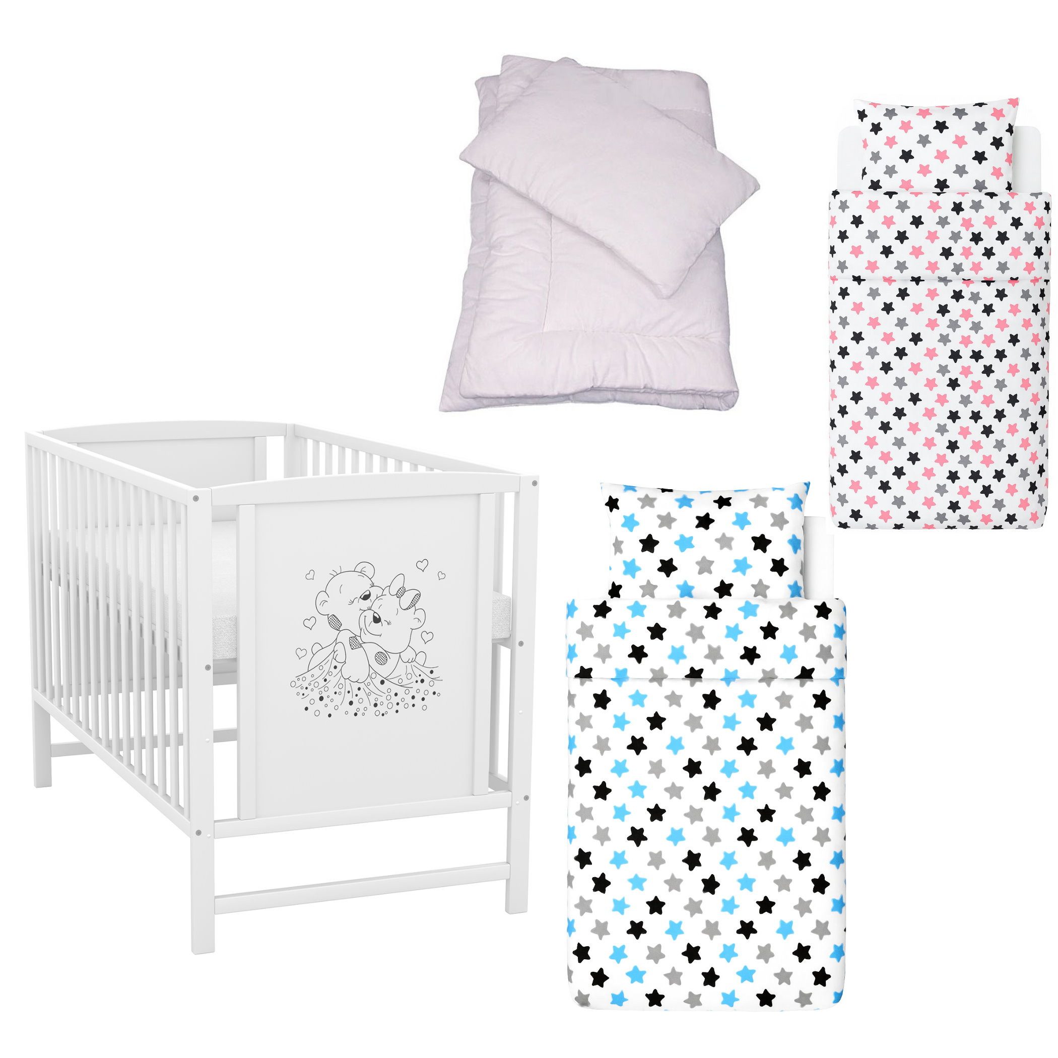 Baby-Delux Komplettbett Babybett Mia Komplettset, 7-tlg., Kinderbett 60x120 cm weiß, Bettset verschiedene Designs