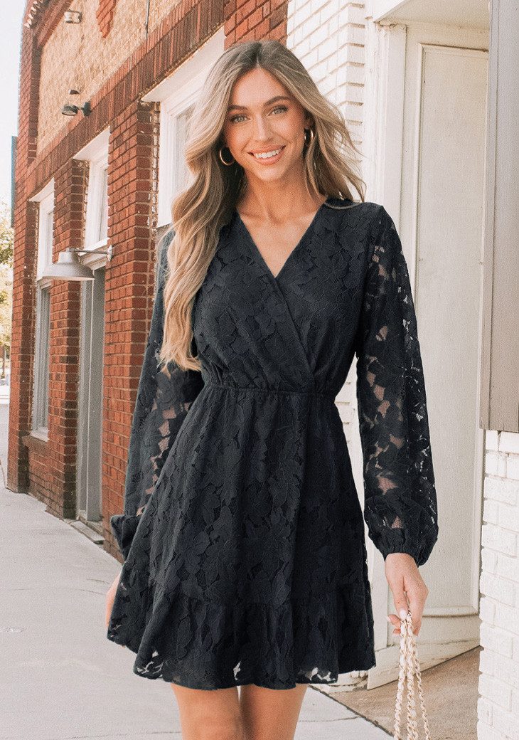 Cupshe A-Linien-Kleid Spitzenkleid mit V-Ausschnitt & langen Ärmeln – Bild 2 von 5