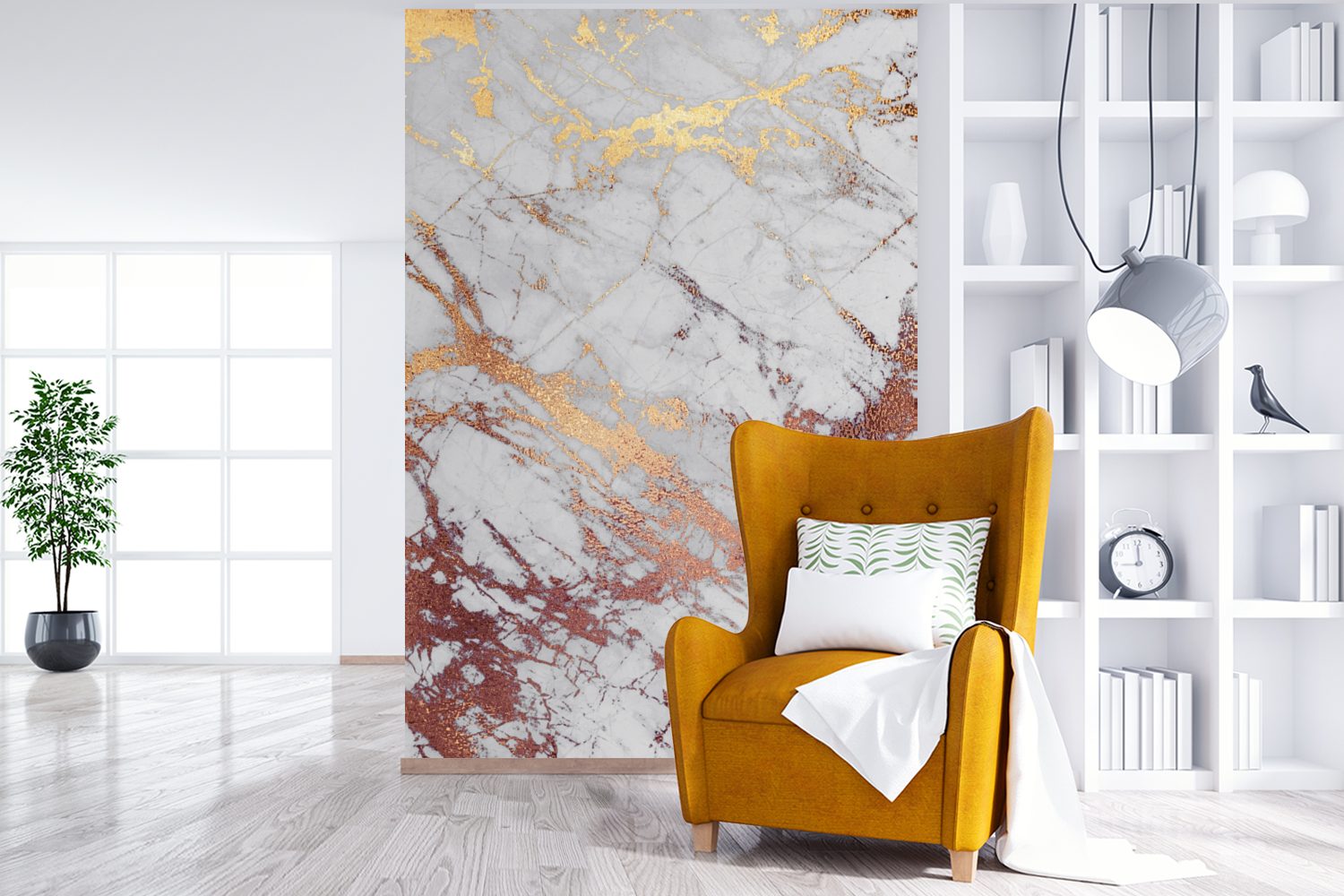 - - Wohnzimmer, Matt, Wandtapete - Gold Marmor (3 St), bedruckt, Fototapete Kupfer MuchoWow Vinyl für Montagefertig Tapete Grau,
