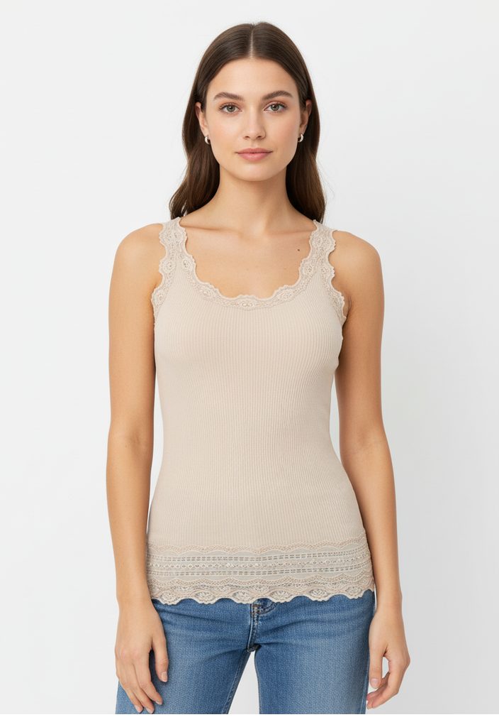 rosemunde Tanktop Benita Silk Top Camisole Vintage-Spitze am Ausschnitt, feminin, Rundhalsausschnitt, Seidenmix