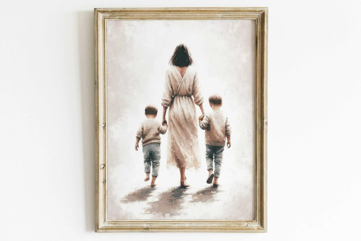 TPFLiving Kunstdruck (OHNE RAHMEN) Poster - Leinwand - Wandbild, Mutter und Kind Wandkunst Home Decor Leinwand Malerei (Leinwandbild XXL), Farben: Braun, Grau, Schwarz, Weiß, Blau, Gelb -Größe: 20x30cm