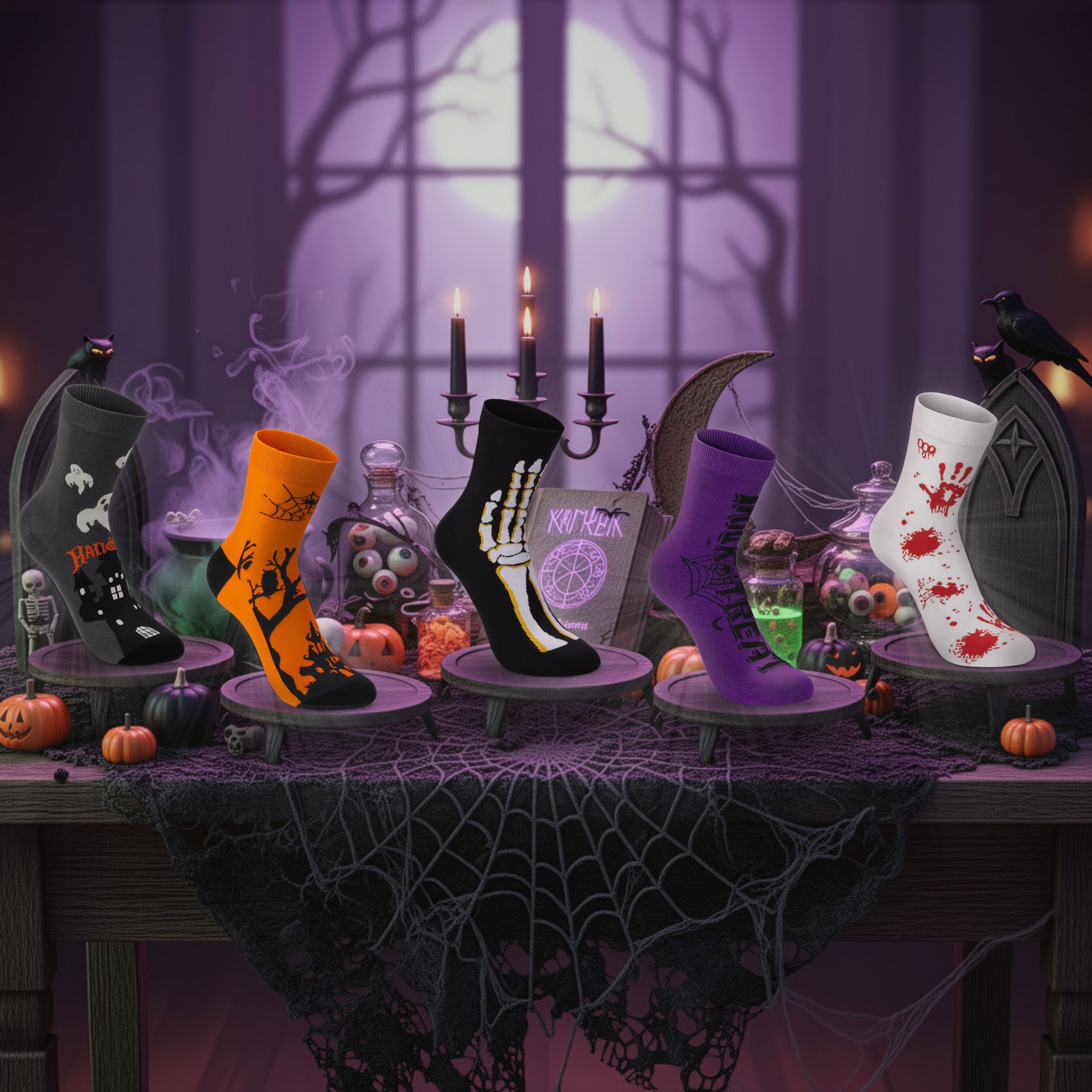 BRUBAKER Socken Halloween Sockenset - Lustige Baumwollsocken in Orange, Lila & Schwarz (5-Paar) Kürbis, Skelett & Gespenst - Bunte Herbstsocken für Damen & Herren