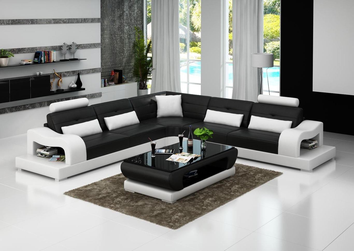L Ledersofa Wohnlandschaft Modern Sofa Couch Ecksofa, Form JVmoebel Design Schwarz