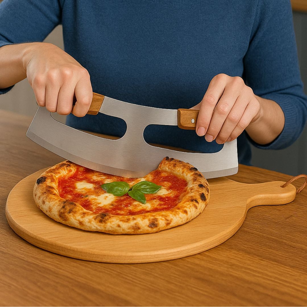 Topanbieter999 Pizzaschneider verschiedene Ausführungen, Set mit Pizzabrett inkl. Lederband zum aufhängen und Klingenschutz – Bild 3 von 5