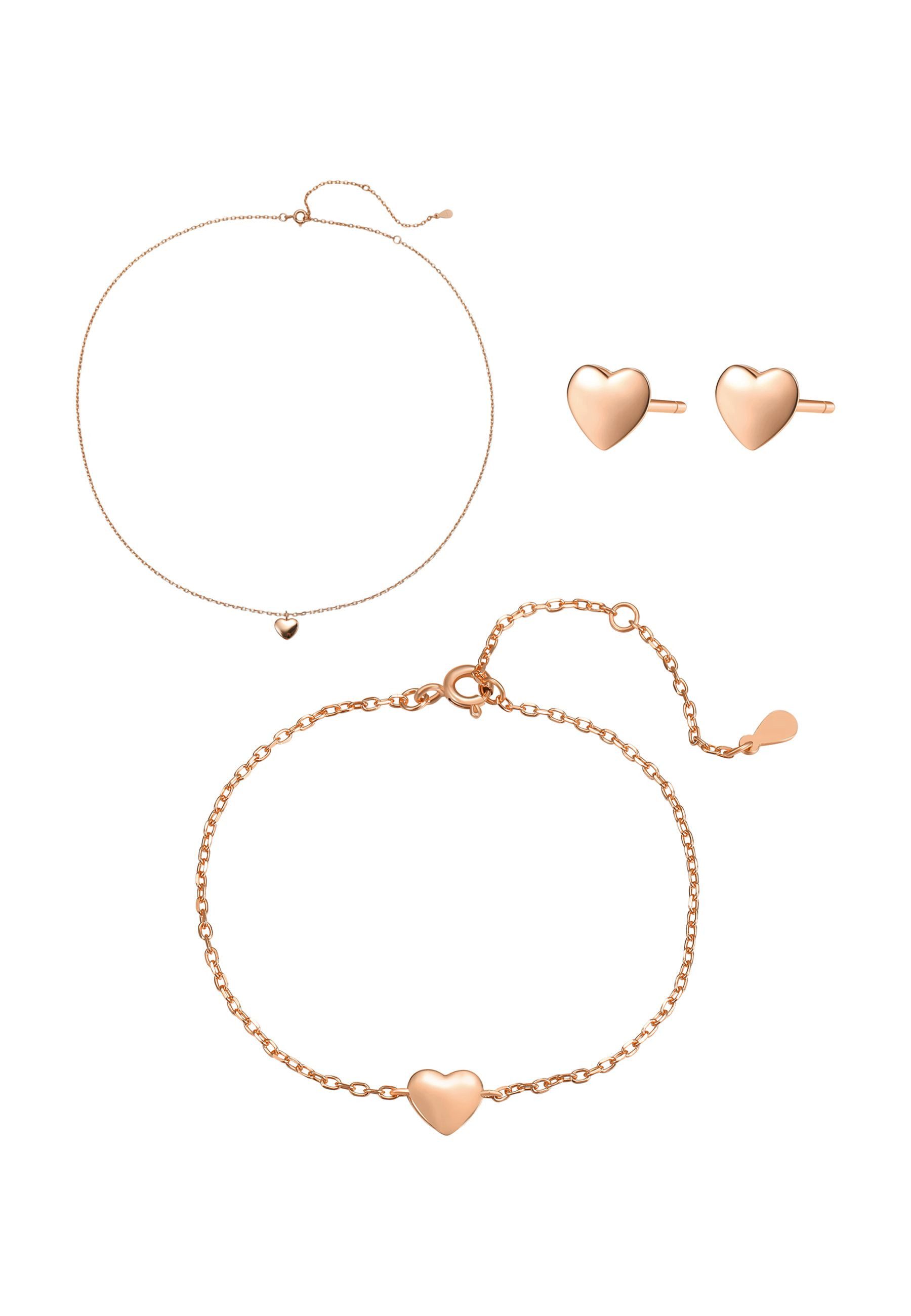 Hey Happiness Schmuckset Liebesherz, aus feinem 925er Silber, Zartes 4er Damen Set mit Kette, Armband & Ohrsteckern