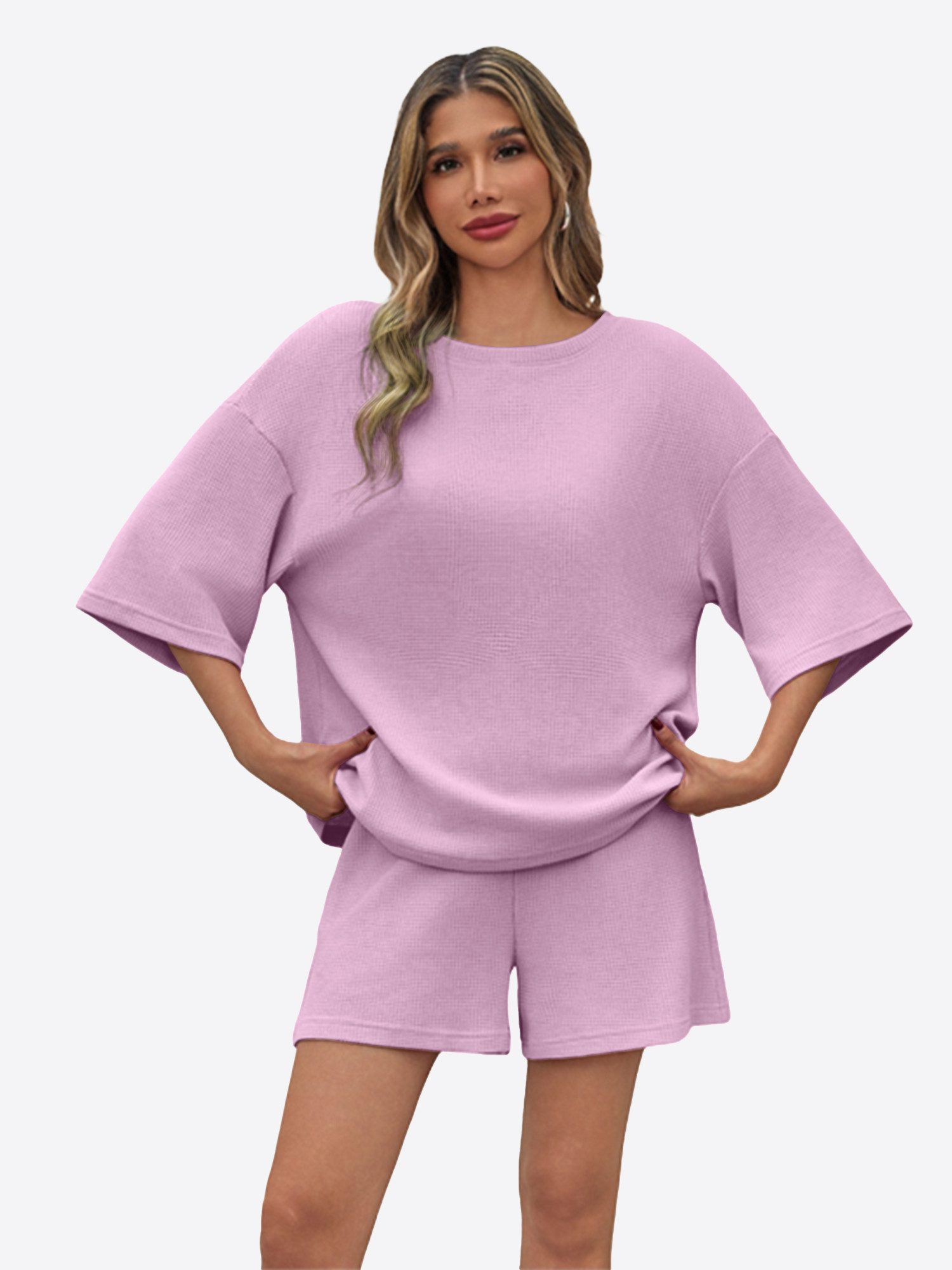 Imily Bela Hausanzug Damen 2-teiliger Freizeitanzug (Set, 2 tlg., 3/4-Arm Bluse + Shorts) in Unifarbe