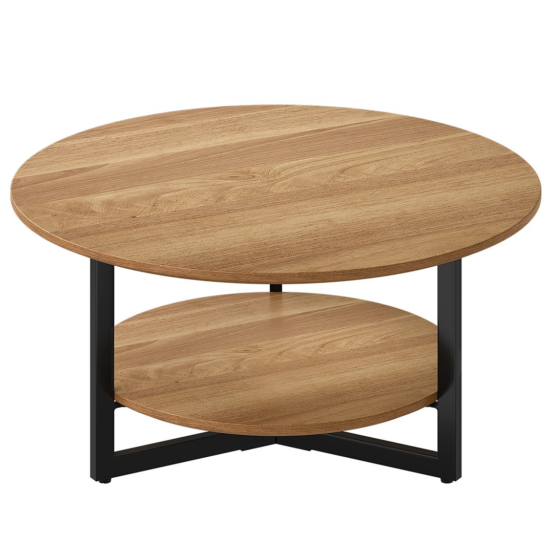 skølm Couchtisch Drakkar aus Massivholz Eiche mit Metallgestell, Wohnzimmertisch Ø70 cm mit 2 Ablageflächen