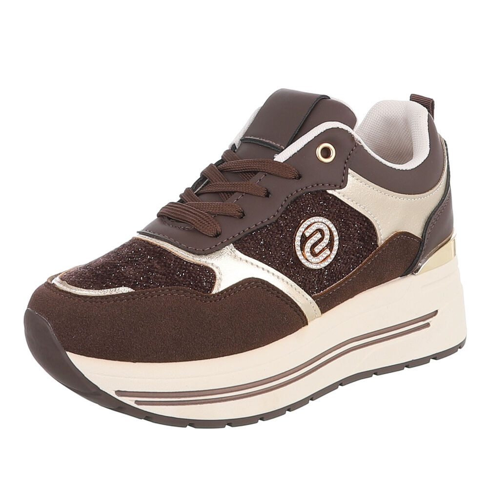 Ital-Design Damen Plateau-Sneaker mit Schnürung und Materialmix Sneaker (92002663) Keilabsatz/Wedge Sneakers Low in Braun