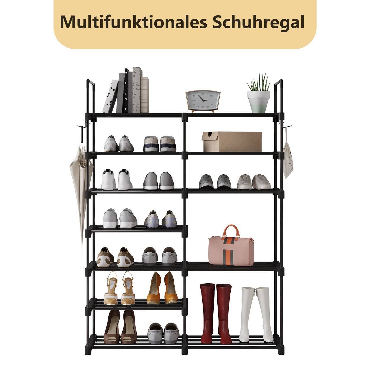 EUGAD Schuhregal, 1-tlg., aus Metall, mit 7 Ebenen, 10 Haken, schwarz