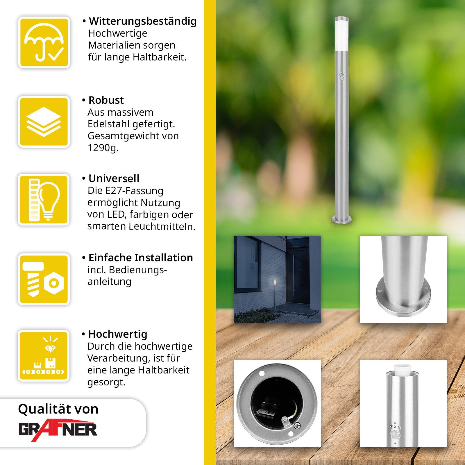 Grafner Gartenleuchte Wegleuchte mit Bewegungsmelder 110cm Edelstahl, ohne günstig online kaufen