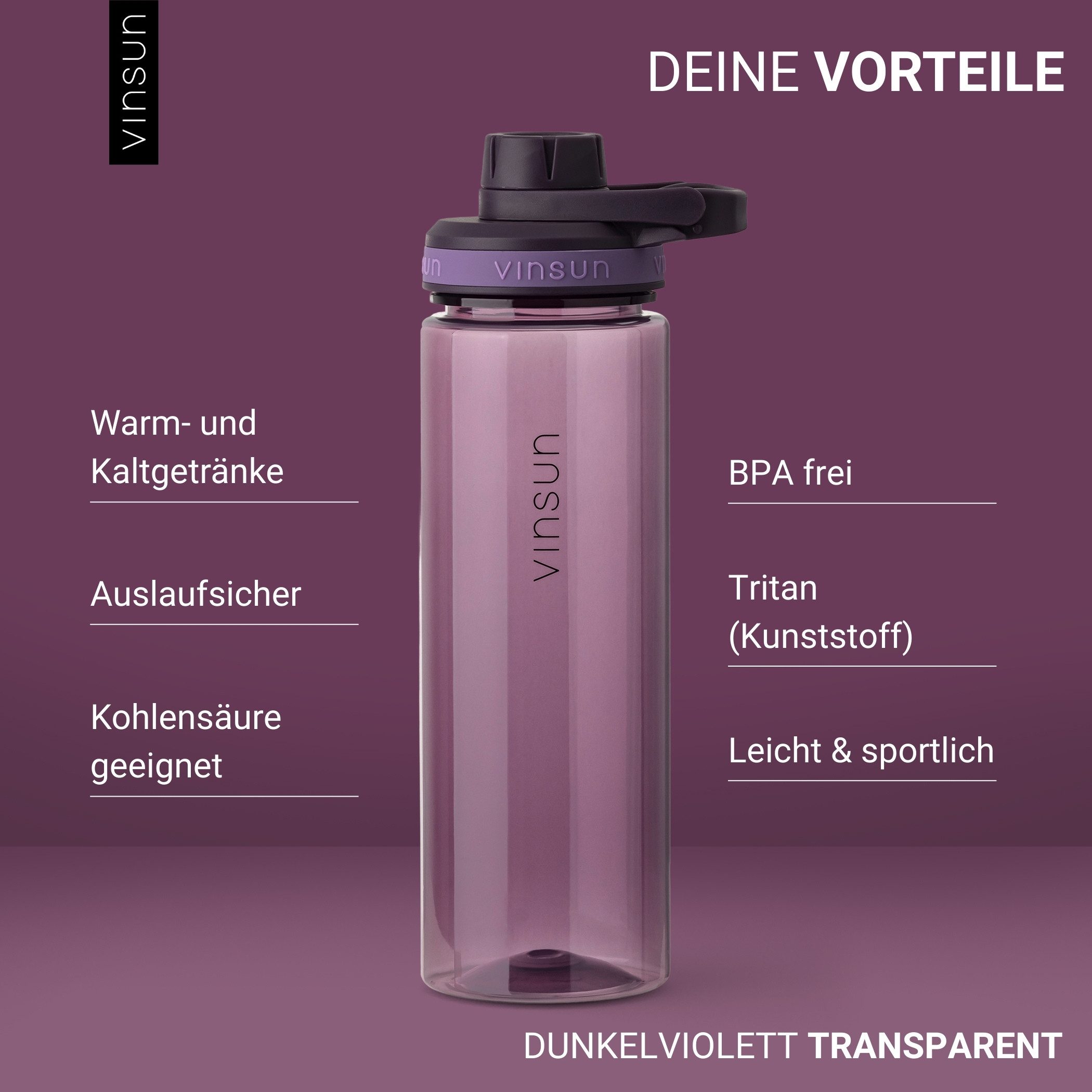 Vinsun Trinkflasche Sportflasche 750ml - Wasserflasche BPA frei & Kohlensäure geeignet, Auslaufsicher, bruchsicher, wiederverwendbar, leicht, Tritan Flasche – Bild 2 von 5