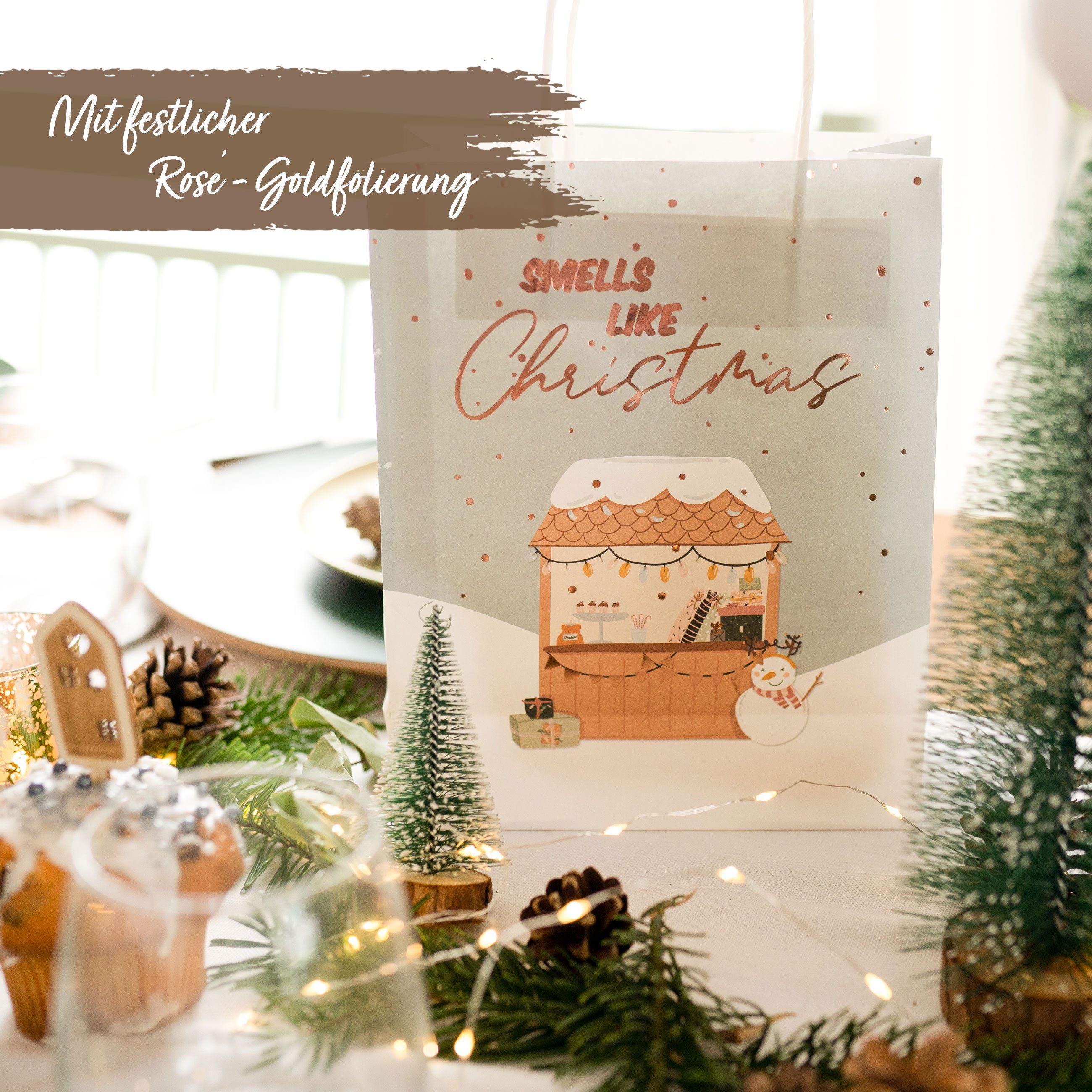 Geschenktüten Weihnachten, PAPIERDRACHEN Set 05 inkl. 6 Weihnachtskarten Eisblau zu Geschenkpapier und Stanzanhänger