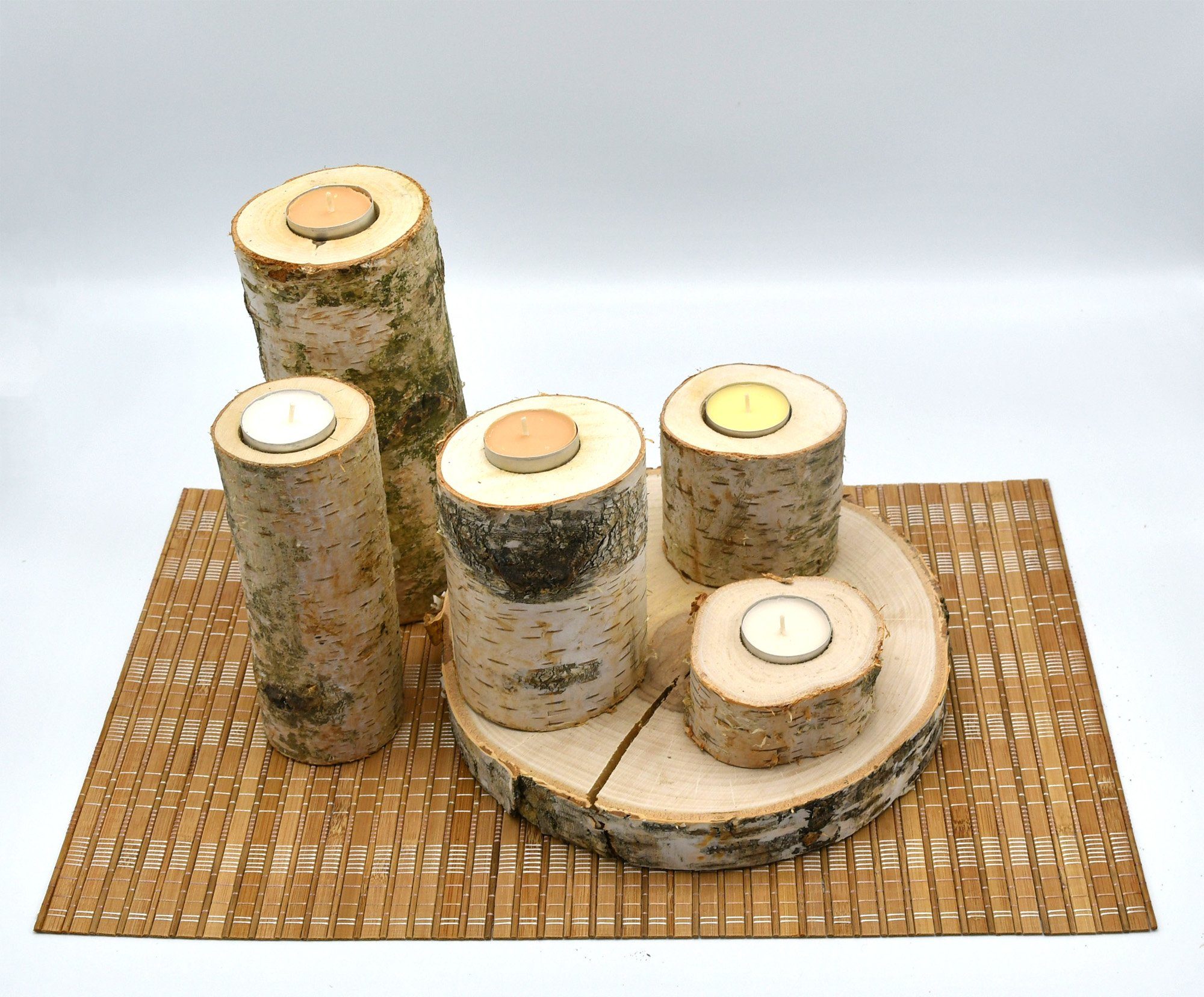 Untersetzer Kerzen PM_LS435K1-H 5 Set Halter Stück Holz Braun Kerzen MyBer® Teelichthalter Teelicht inkl. Ständer Leuchterset