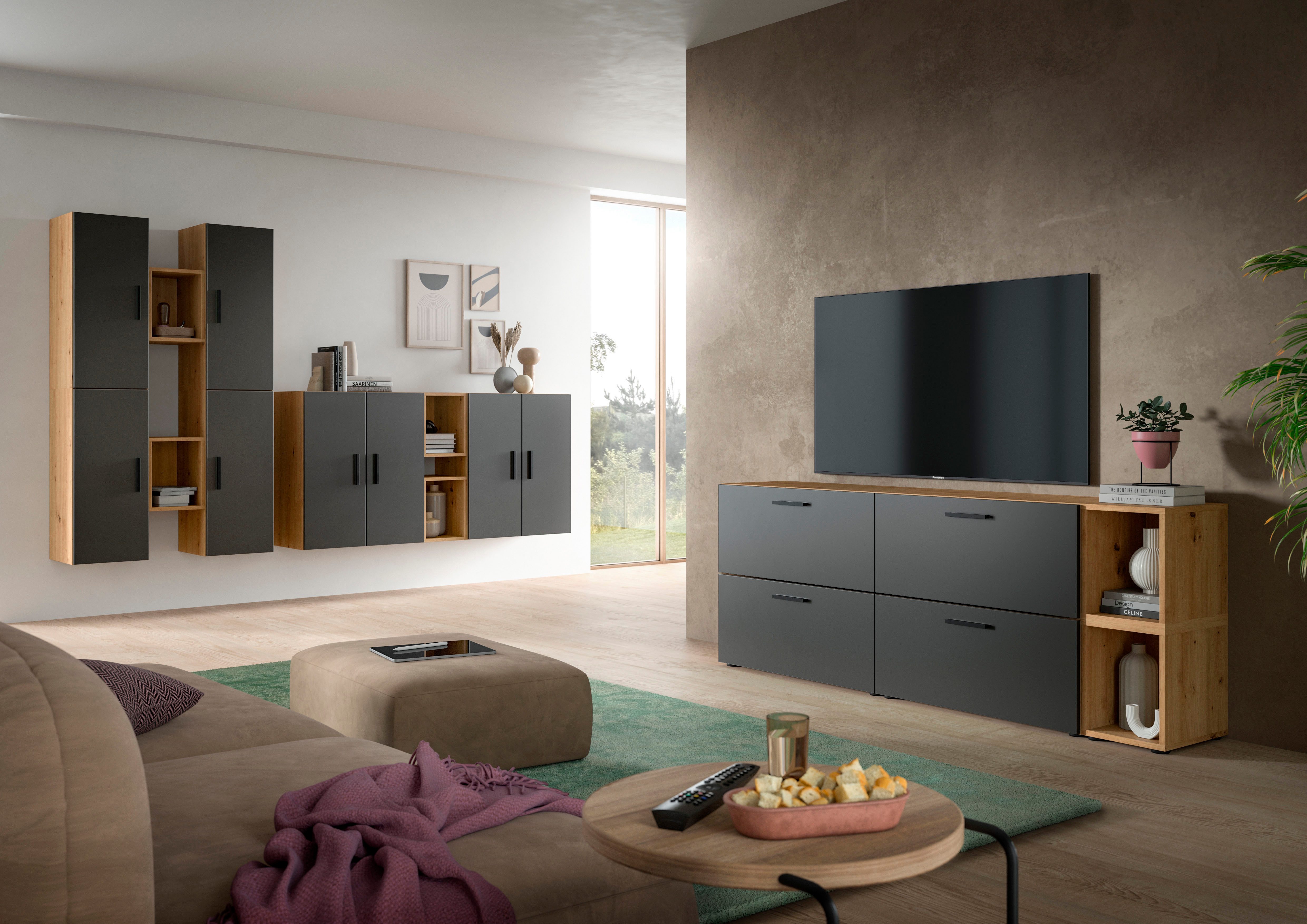 Home affaire Schrank-Set ENESTE, 12-teilig, in verschiedenen Farben, individuell kombinierbar, (4-St., verschiedenste Kombinationmöglichkeiten, stehend oder hängend), Stauraumelement, Kombination, Wohnkombination, Schrankwand, Lowboard