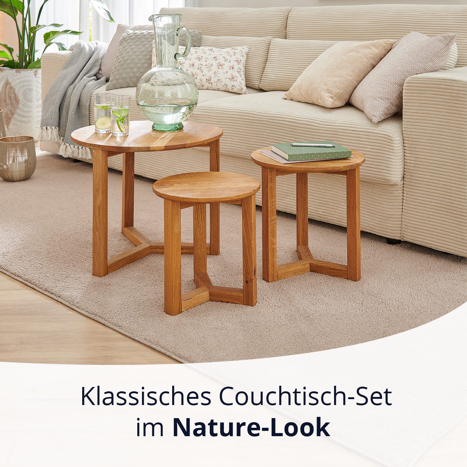 KHG Couchtisch 3er Set geöltes Massivholz Eiche runde Tischplatte (Kufen-Gestell klassisches Sofatisch-Set belastbar 50 kg, langlebiges Holz rustikales Design platzsparend)
