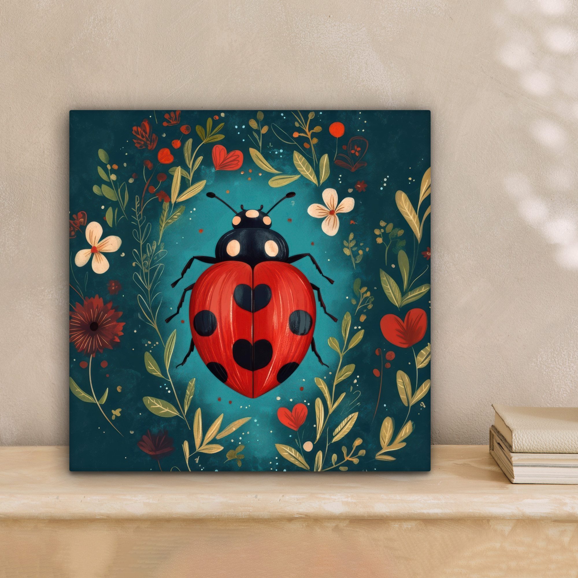 OneMillionCanvasses® Leinwandbild Blumen - Marienkäfer - Herz - Rot, Fotodruck (1 St), Wandbild, Deko Schlafzimmer Wohnzimmer Flur 20x20 cm