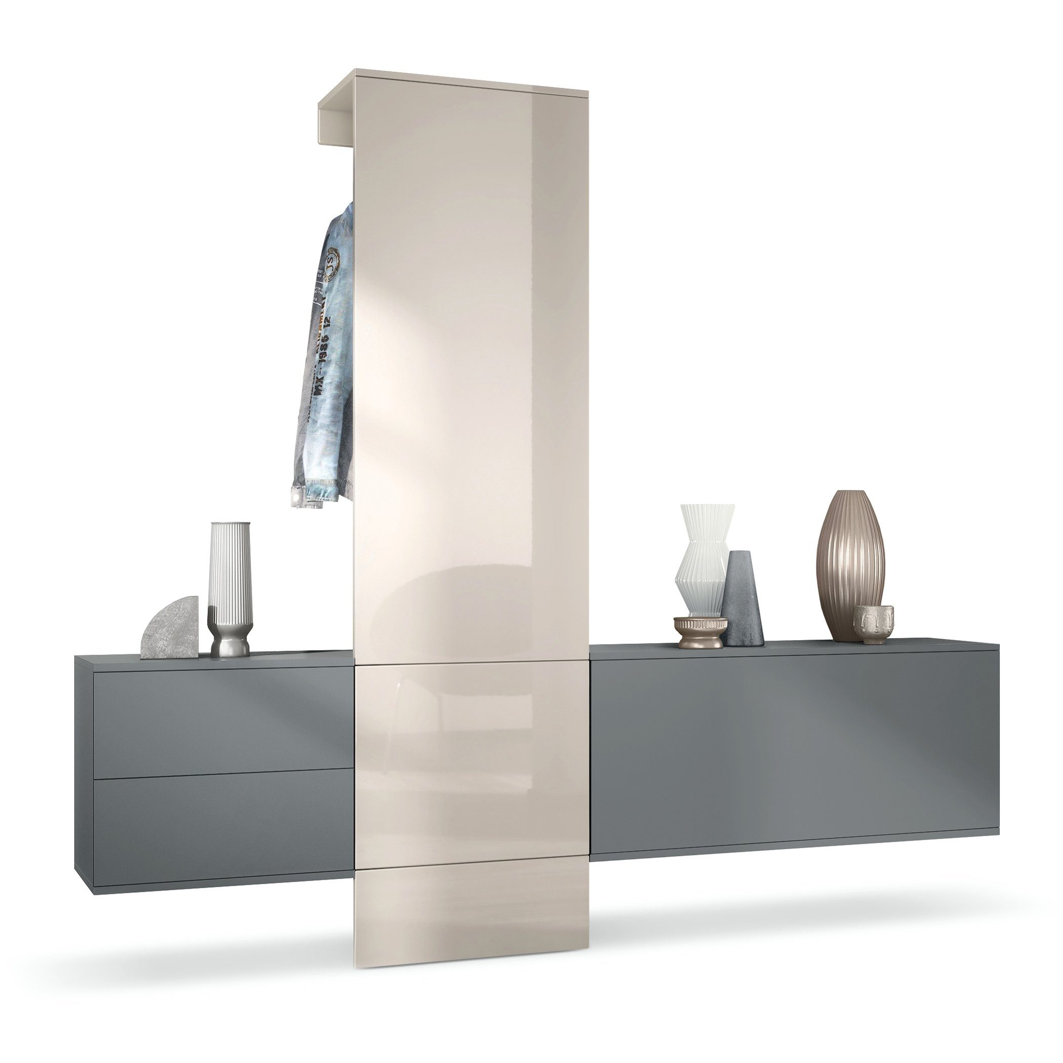 Vladon Garderoben-Set Carlton Set 1, (Wandgarderobe bestehend aus, 1 Paneel, 1 Schubkastenschrank und 1 Schrankmodul), Anthrazit matt/Sandgrau Hochglanz (209 x 193 x 35 cm)