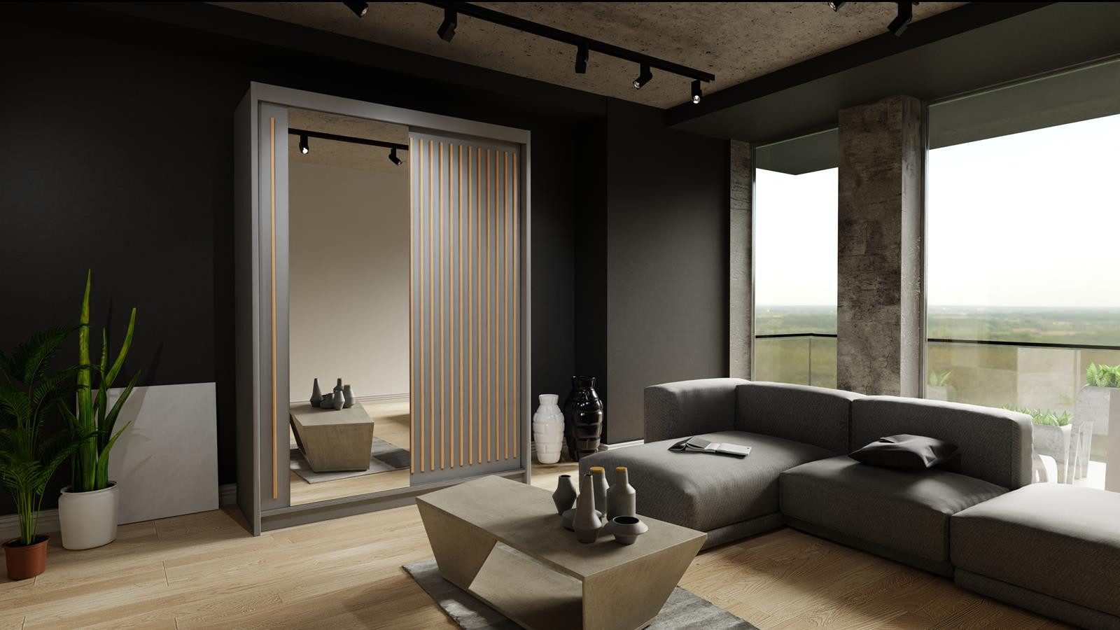 Compleo Schwebetürenschrank mit Spiegel und Lamellen ROY, Modern design