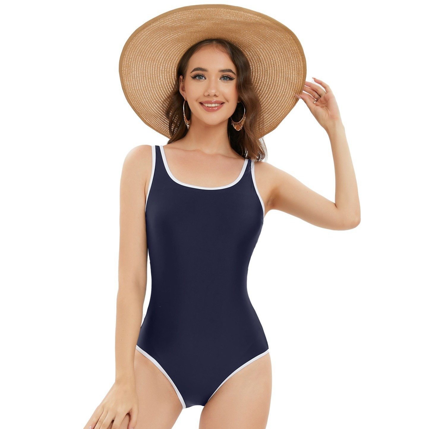solnura Badeanzug Damen Sport Einteiler Badeanzug, U-Rücken Badeanzug S/M/L Marineblau mit Abnehmbaren Cups für Schwimmen Strand & Pool