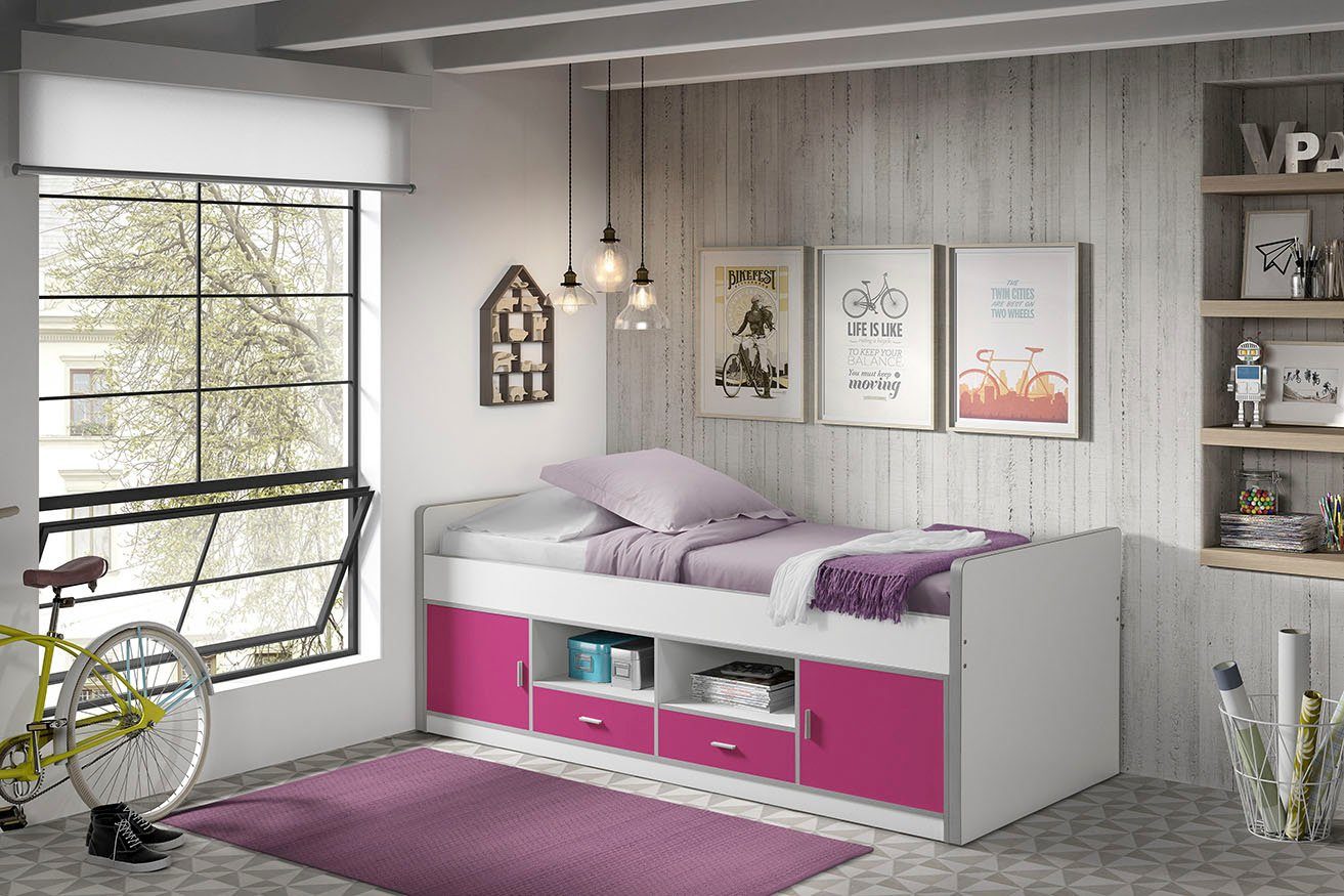 Vipack Einzelbett Bonny, mit Komfort Liegehöhe, Stauraum unter dem Bett, Liegefläche 90x200 cm Weiß/Fuchsia