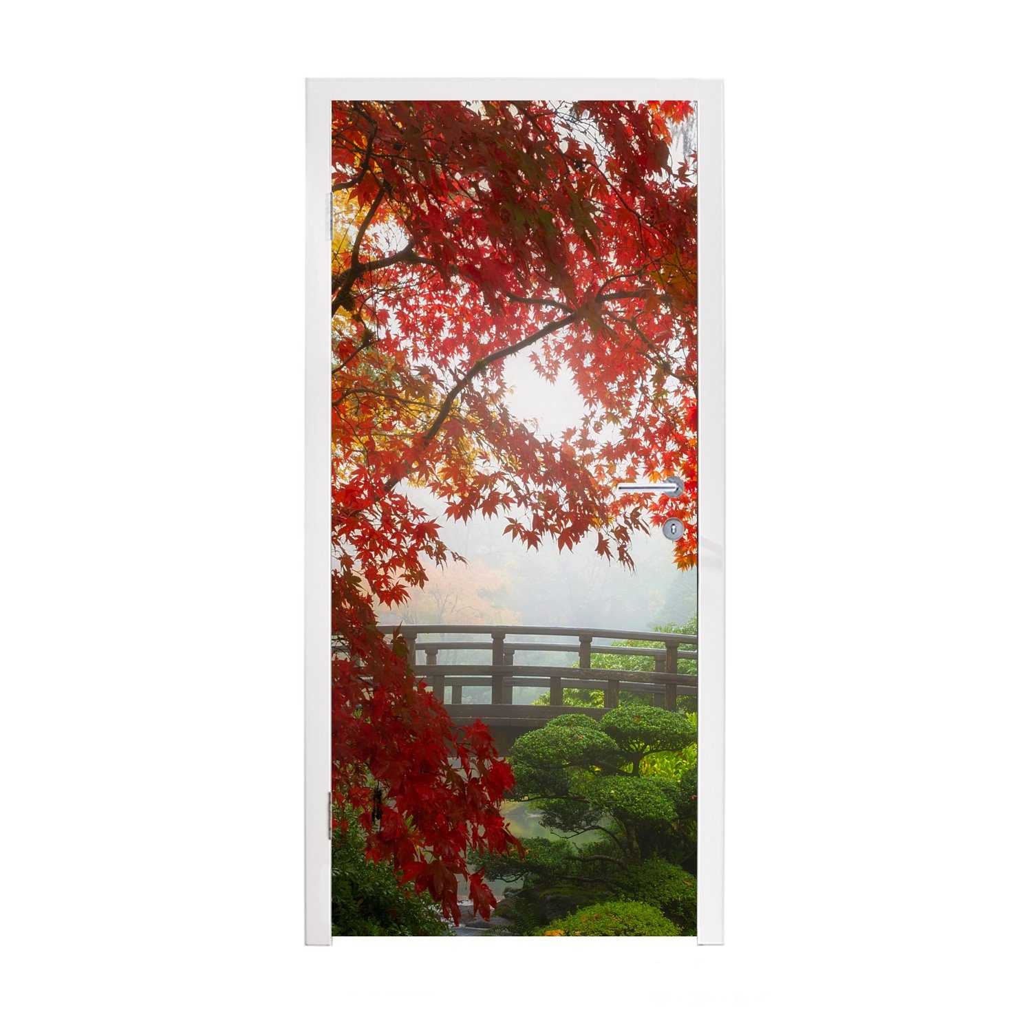 Matt, - (1 - Natur - St), Fototapete MuchoWow bedruckt, Türtapete Ahorn - Brücke Türaufkleber, Bäume cm Tür, Japanischer für 75x205 Japanisch,