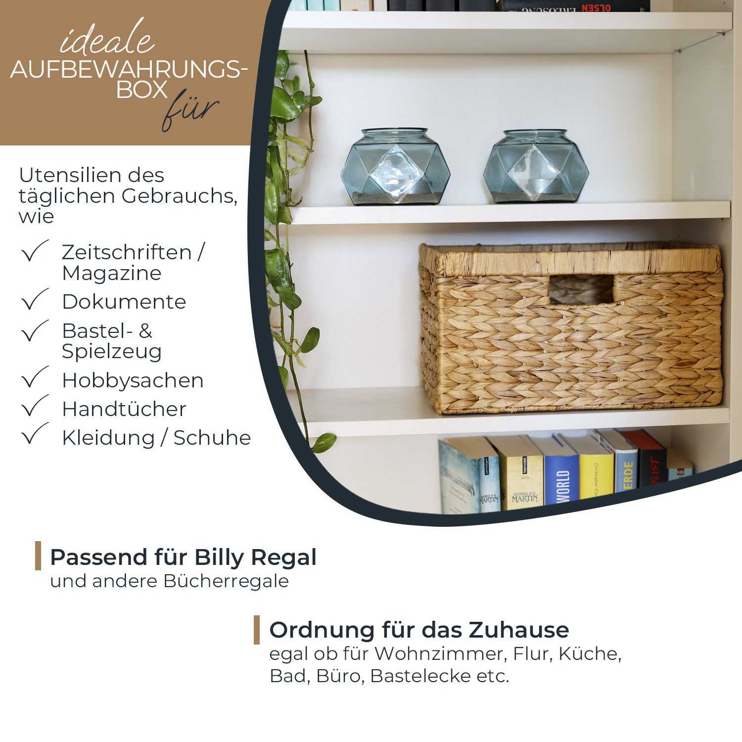HMF Regalkorb Aufbewahrungskorb passend für Billy Regal, Korb, geflochten aus Wasserhyazinthe mit drei Griffen, 35 x 25 x 20 cm Natur