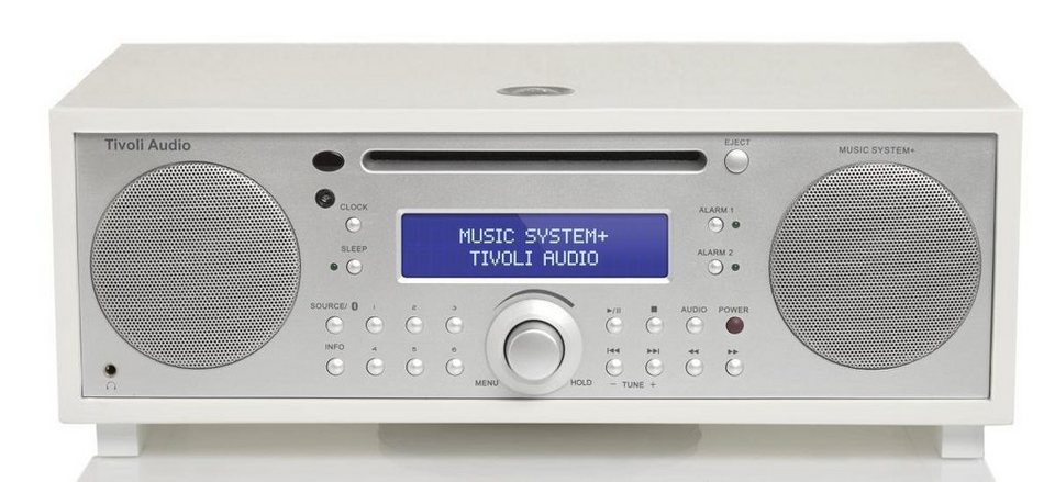 Tivoli Audio Music System+ weiß matt/silber Stereoanlage (Digitalradio (DAB ),FM-Tuner, AM-Tuner, CD,Bluetooth,Fernbedienung,dimmbares Display mit  Uhrzeit, Weckfunktion,2 Weckzeiten, AUX-IN, Holzgehäuse, integrierter  Subwoofer)