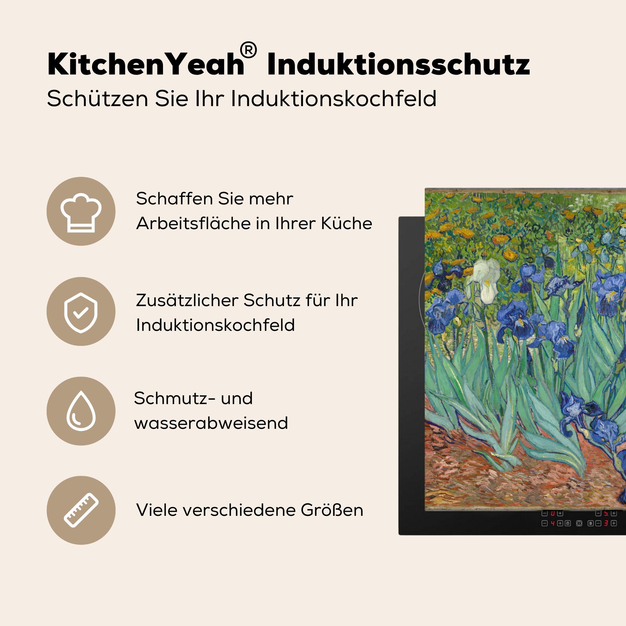 MuchoWow Herdblende-/Abdeckplatte Schwertlilien - 59x52 Gogh, Vinyl, Ceranfeldabdeckung van Vincent cm, küche, für (1 tlg), die Induktionsmatte