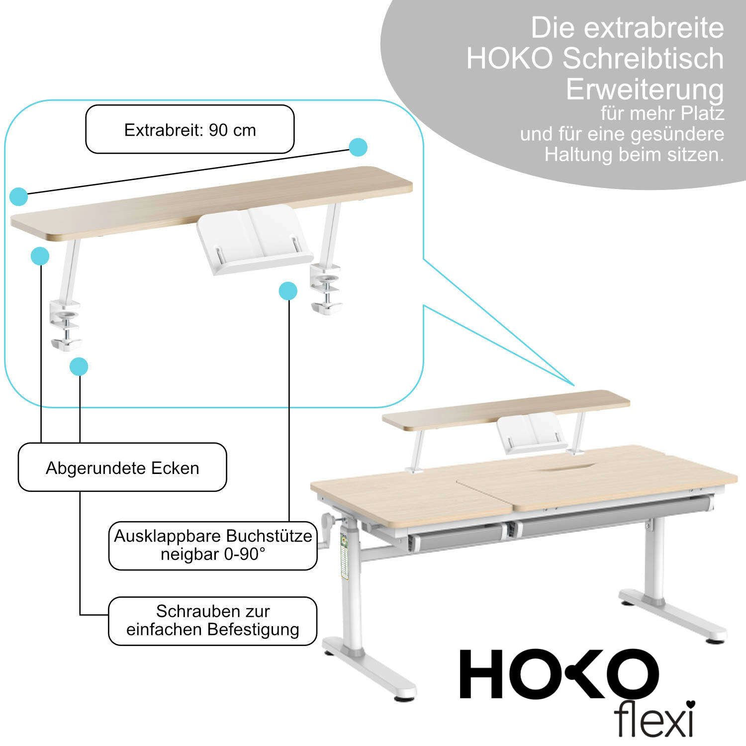 HOKO Schreibtisch Schreibtischaufsatz mit neigbarer Buchstütze (90x20 cm Tischaufsatz, mit 2 Schraubklemmen ohne Bohren montierbar, mit 24x13 cm Buchstütze), bis 20 kg belastbar, für Schreibtisch, Holzoptik, ALVO