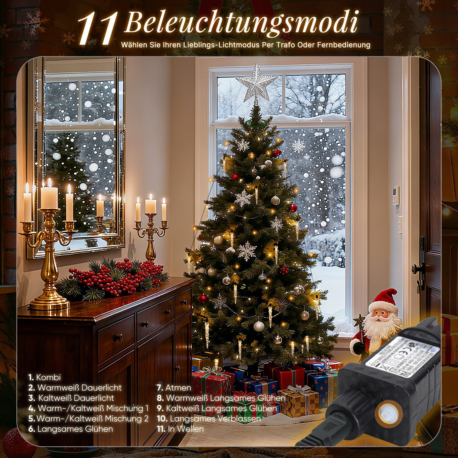 Salcar LED-Lichterkette Eiszapfen LED Lichterkette Weihnachtsbaum mit Warm+Kaltweiß funkelnden, 11 Modi/ 1,5m 8 Girlanden für 60cm - 150cm Tannenbaum