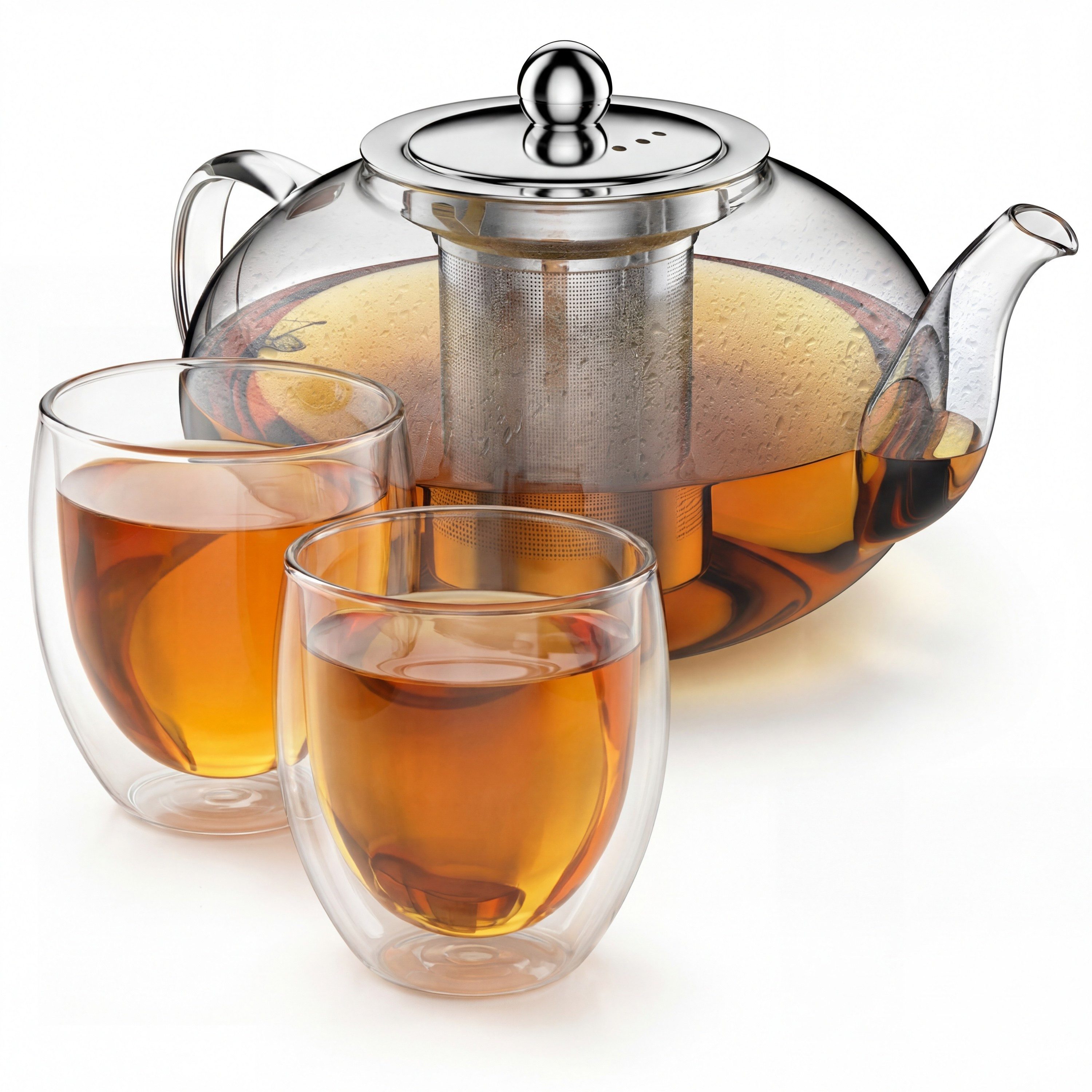 Arendo Teekanne Glas rund 1,2L Sieb + 2 Thermogläser 350ml, 1,2 l, (Set, 1-St., Teefilter, Glaskanne), Hitzebeständig, feinmaschiges Edelstahlsieb, spülmaschinengeeignet
