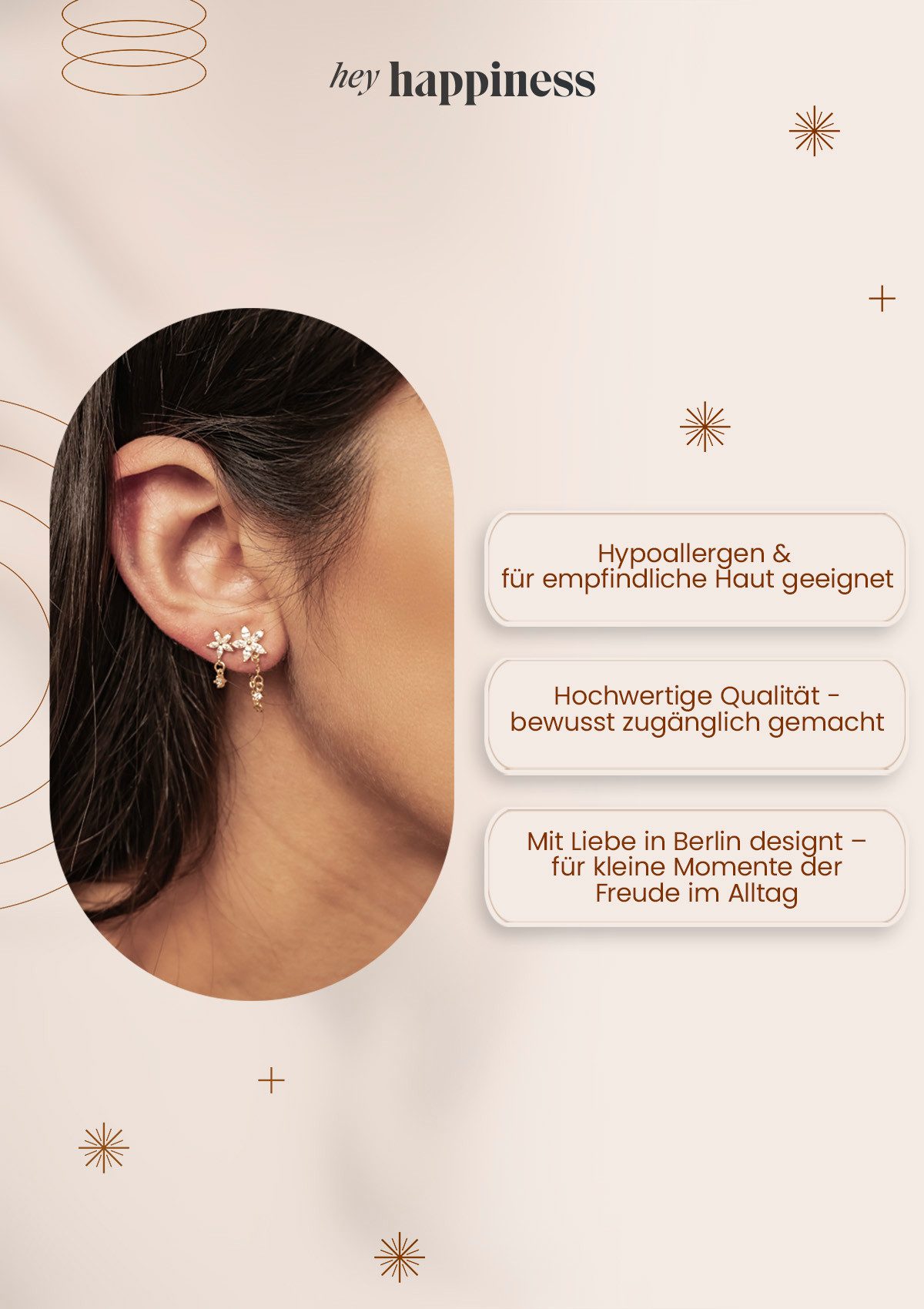 Hey Happiness Paar Ohrhänger Dreifache Kette & Creole, Moderne Damen Creolen 925 Silber, vergoldet