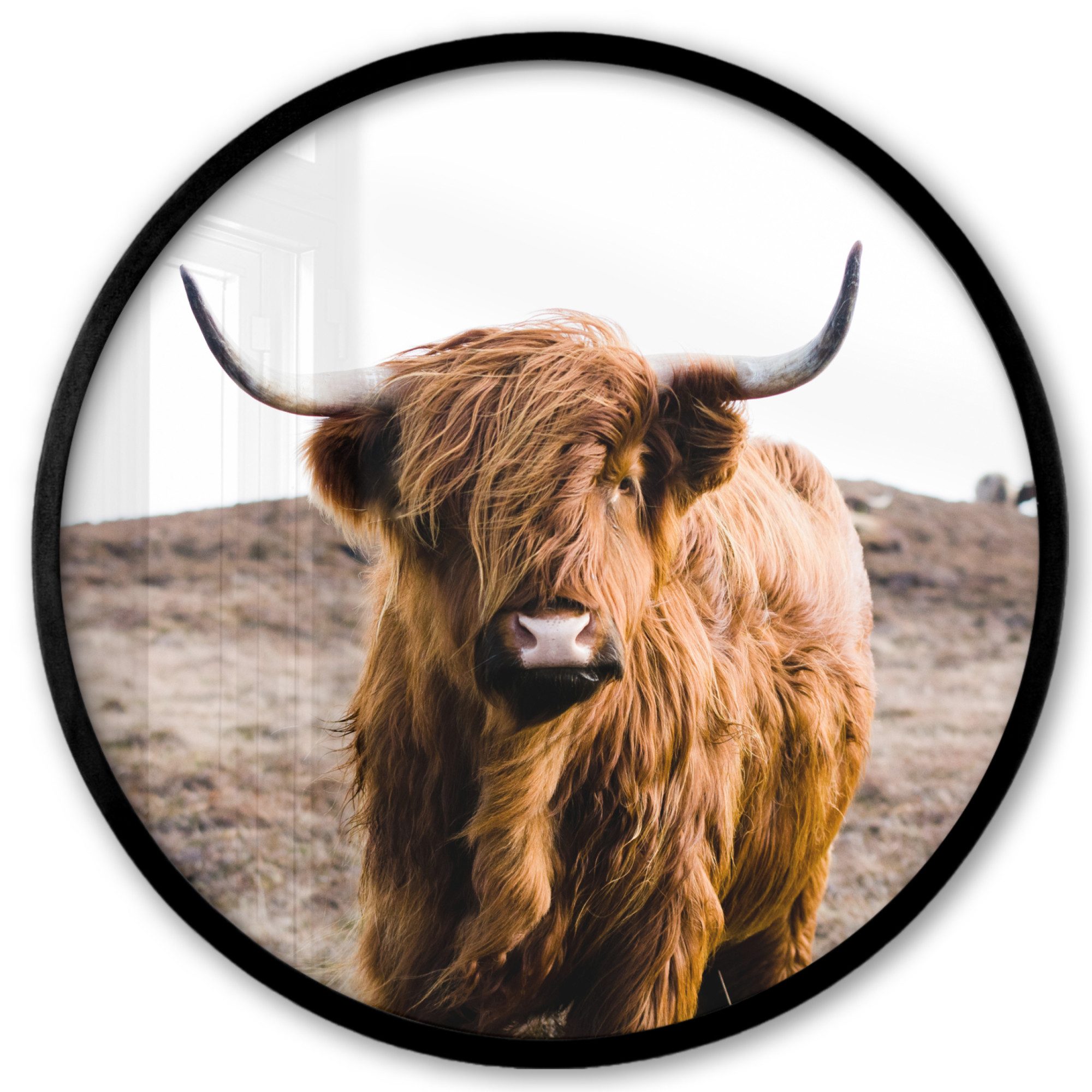 MuchoWow Плакат Rund - Schottische Highlander - Landschaft - Kuh - Braun - Tiere - Nat, Schottisches Hochlandrind (1 St), Runde Wandbilder, Deko für Wohnzimmer und Schlafzimmer, 40x40 cm