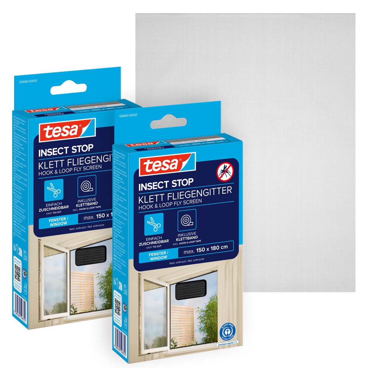 tesa Fliegengitter-Gewebe Klett Fliegengitter für Fenster - Insektenschutz, (Packung, 2-St., Fliegennetz, Klettband), INSECT STOP 150 cm x 180 cm