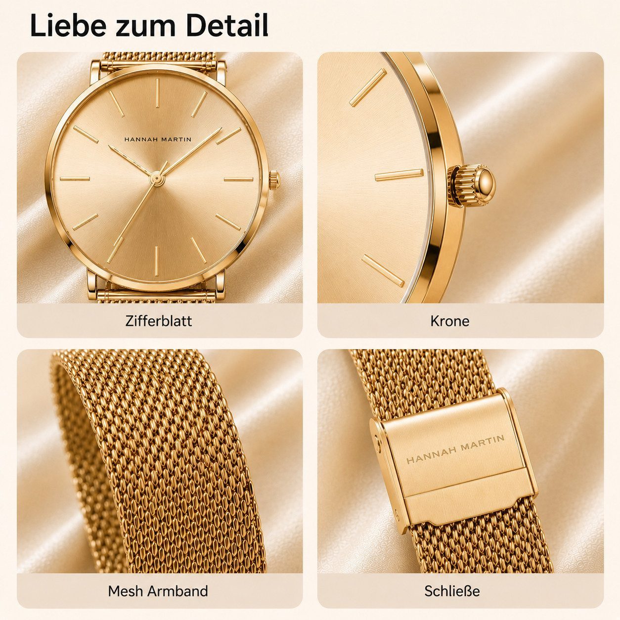 Fyrove Quarzuhr Damen Armbanduhr 36 mm mit Edelstahl-Mesharmband, (ultraflache Analoguhr 6,9 mm, 3 ATM spritzwassergeschützt), elegante Business Damenuhr in Gold