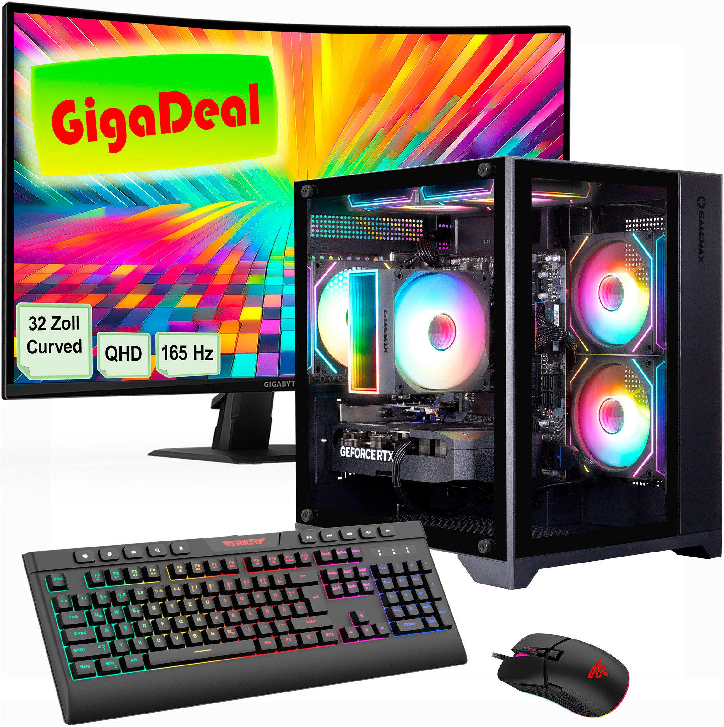GAMEMAX GigaDeal Gaming-PC-Set Infinity Mini BK PC-Komplettsystem (32", AMD Ryzen 5 7500F, GeForce RTX 5060, 32 GB RAM, 1000 GB SSD, Windows 11 + Gigabyte GS32QC LED-Monitor Curved, 80 cm (32)