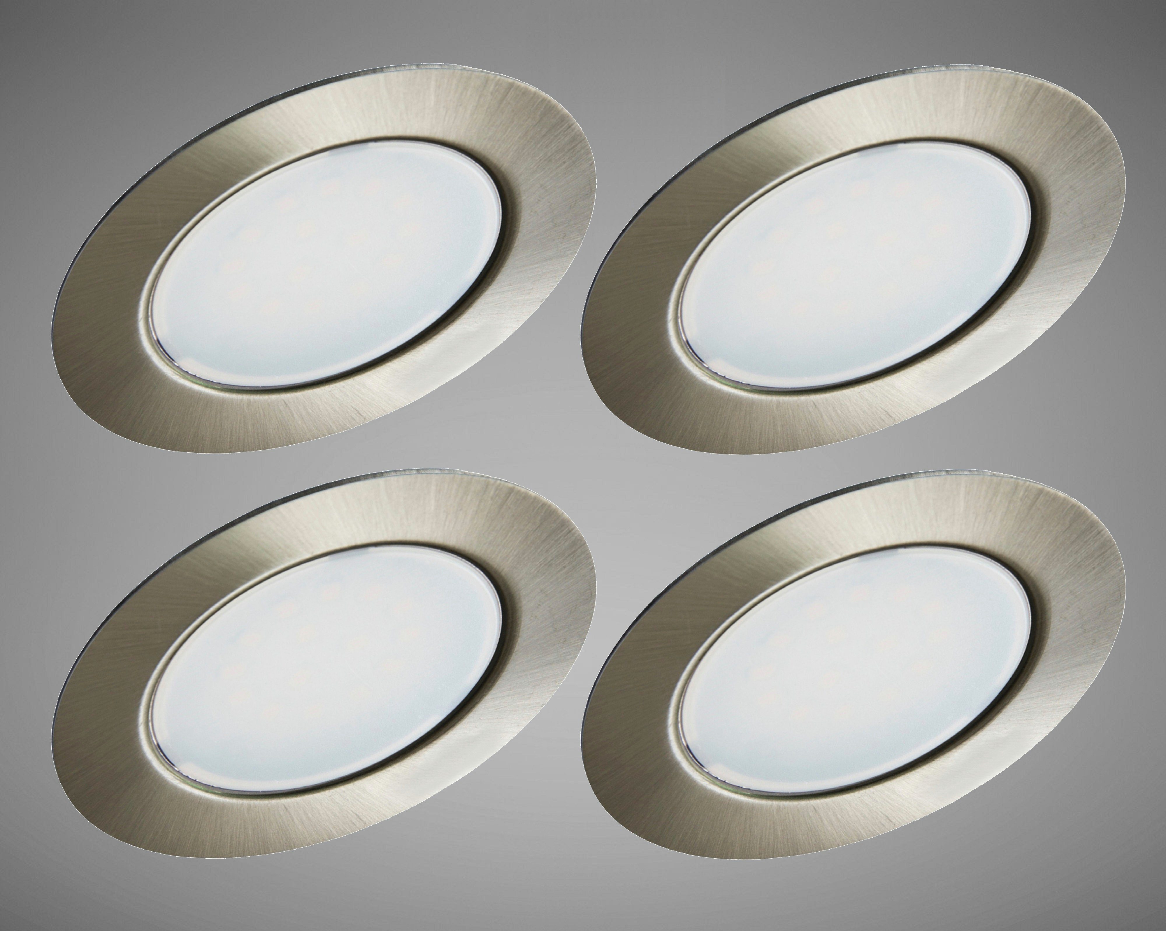 TRANGO LED Unterbauleuchte, 4er Set G4E-042 LED-Möbelleuchte I 12 Volt AC/DC I Einbauleuchte I Möbeleinbauleuchte in Nickel matt I als Ersatz für herkömmliche Strahler mit MR16, G4, GU5.3 Fassung, Küche I Wohnzimmer I Schrank I Schlafzimmer