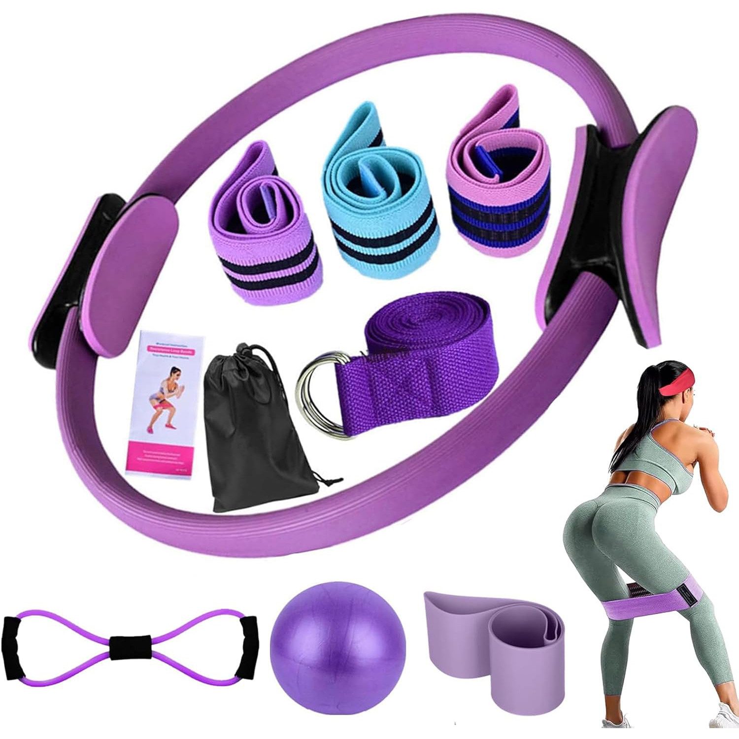 Refined Living Pilates-Ring Pilates Kit für Frauen Pilates Ball, Resistance Band, Pilates Ring (Pilates Set für Zuhause, Oberschenkeltrainer Yogaball Fitness zubehör, Fitnessbänder Set für Beine, Arme und Oberschenkel, Abnehm-Equipment), Geschenke für Fam