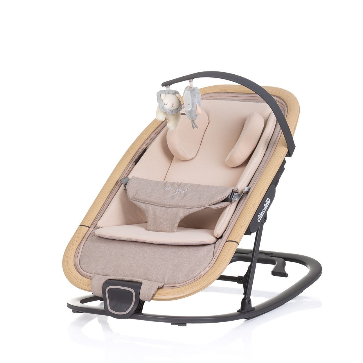 Chipolino Babywippe Babywippe Senso Holzoptik, Spielbogen Kopfstütze 3-Punkt-Gurt faltbar