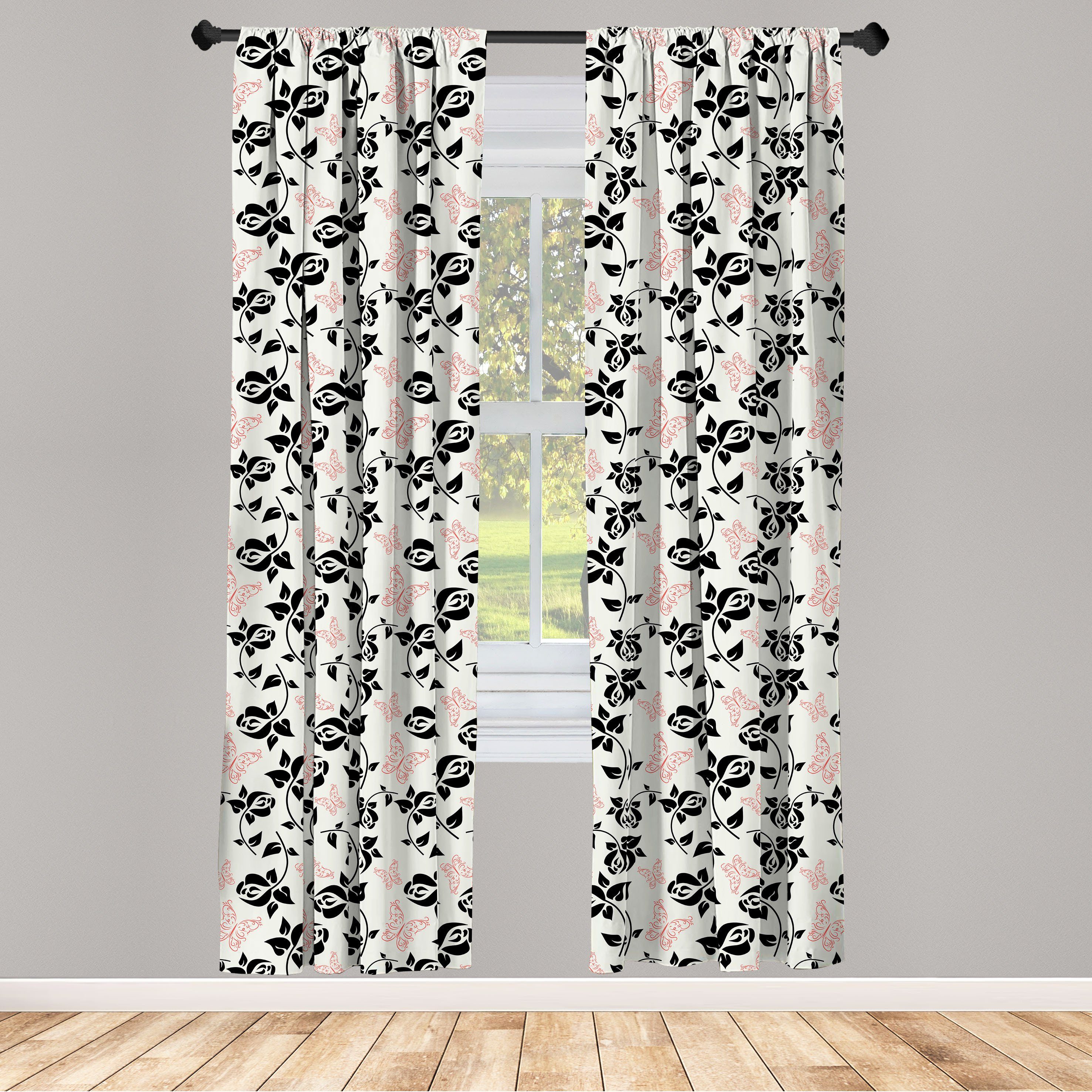 Gardine Vorhang für Wohnzimmer Schlafzimmer Dekor, Abakuhaus, Microfaser, Romantisch Rosen und Schmetterlings-Kunst