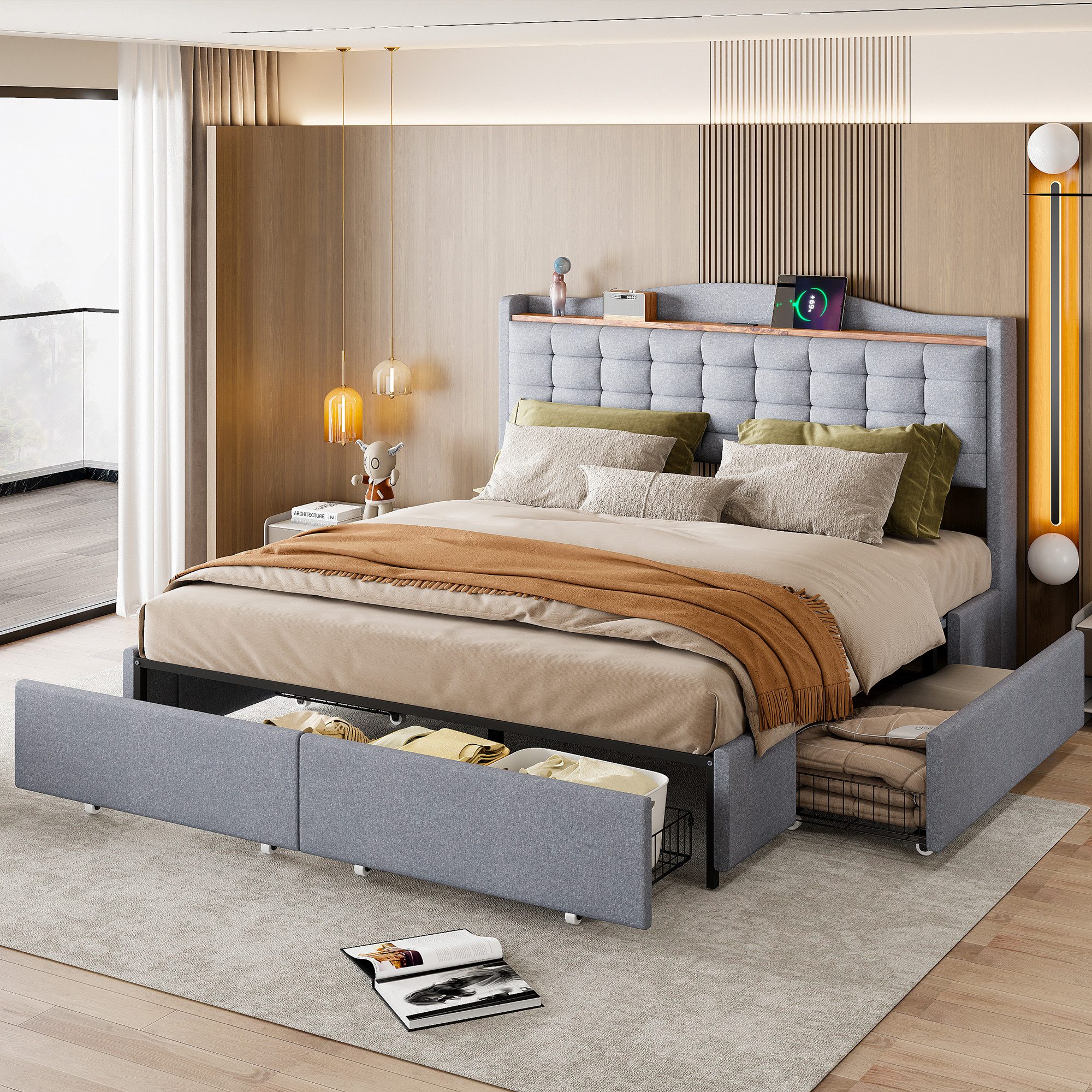 Furnishings Home Stauraumbett Polsterbett LED Doppelbett günstig online kaufen