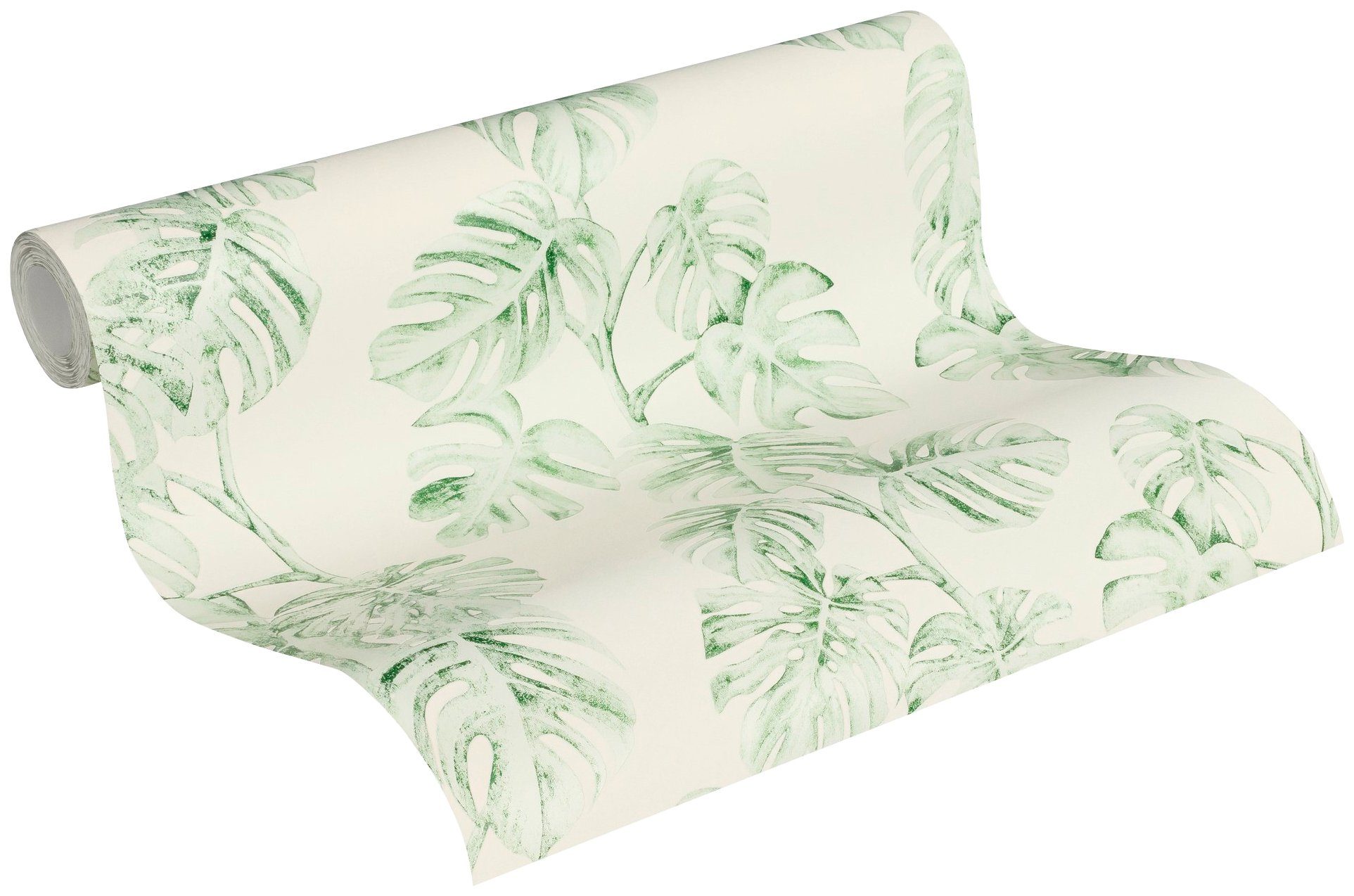 Dschungel in A.S. Optik, Dschungel mit Palmentapete Palmenprint Vliestapete Création Greenery Tapete weiß/grün floral, strukturiert,
