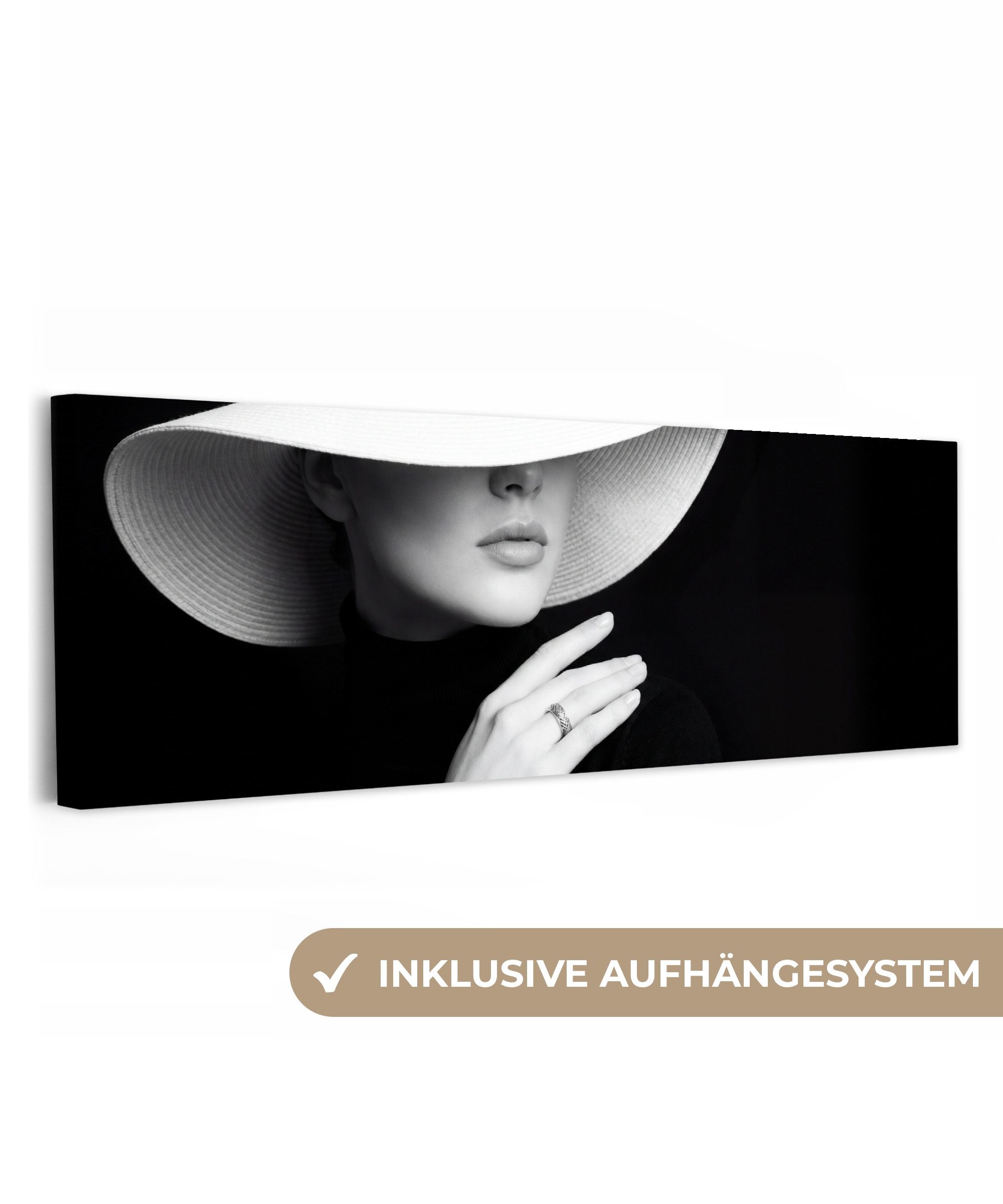 OneMillionCanvasses® Leinwandbild Panorama Frau - Hut - Hand - Schwarz - Weiß - Klassisch, Fotodruck (1 St), Wandbild, Deko Schlafzimmer Wohnzimmer Flur 60x20 cm