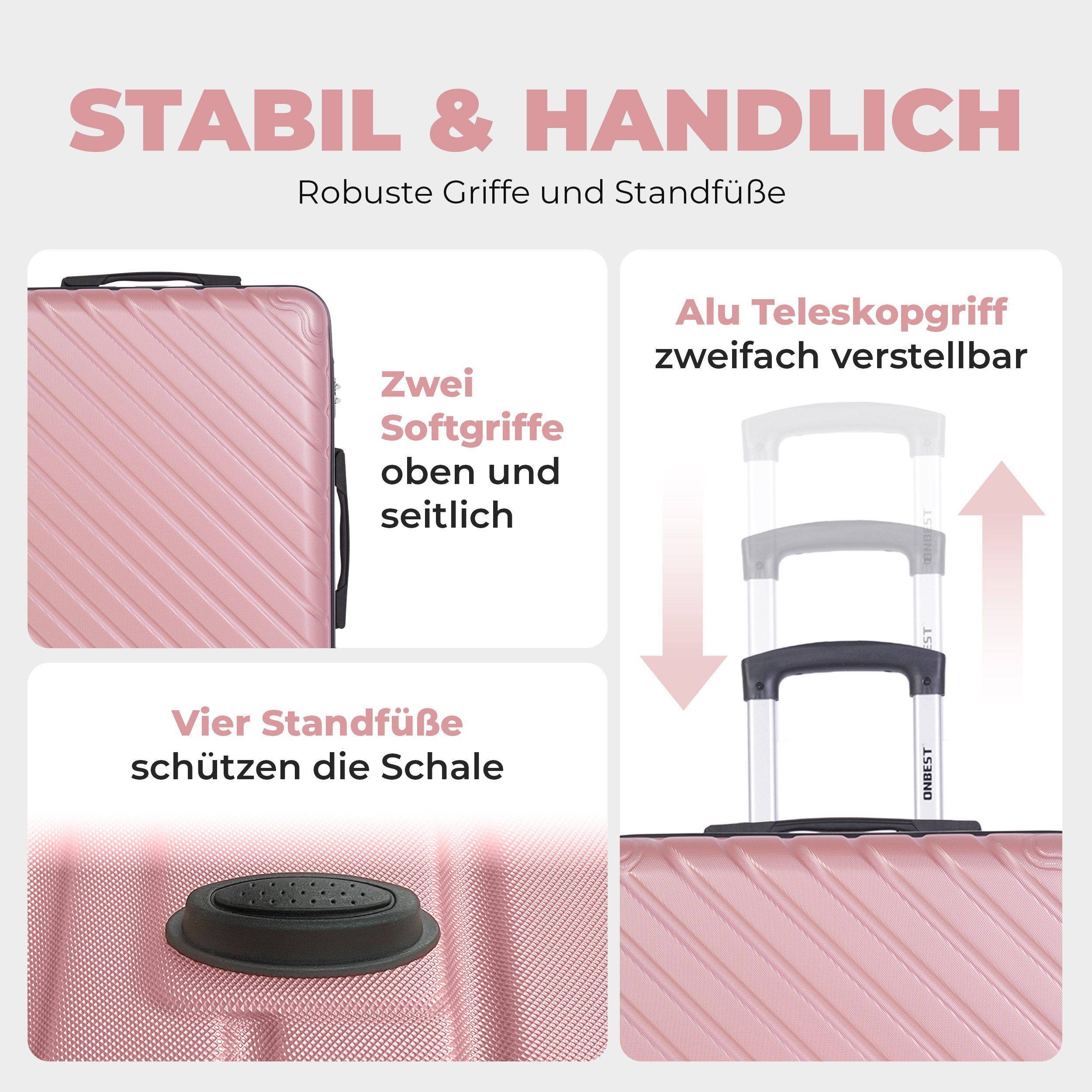 Onbest Kofferset 3er Hartschallen Trolley Set PREMIUM 20",24",28", 4 Rollen, (Set, 3 tlg., Hartschalen-Trolley Set), ABS-Material, mit viel Zubehör, wasserabweisend